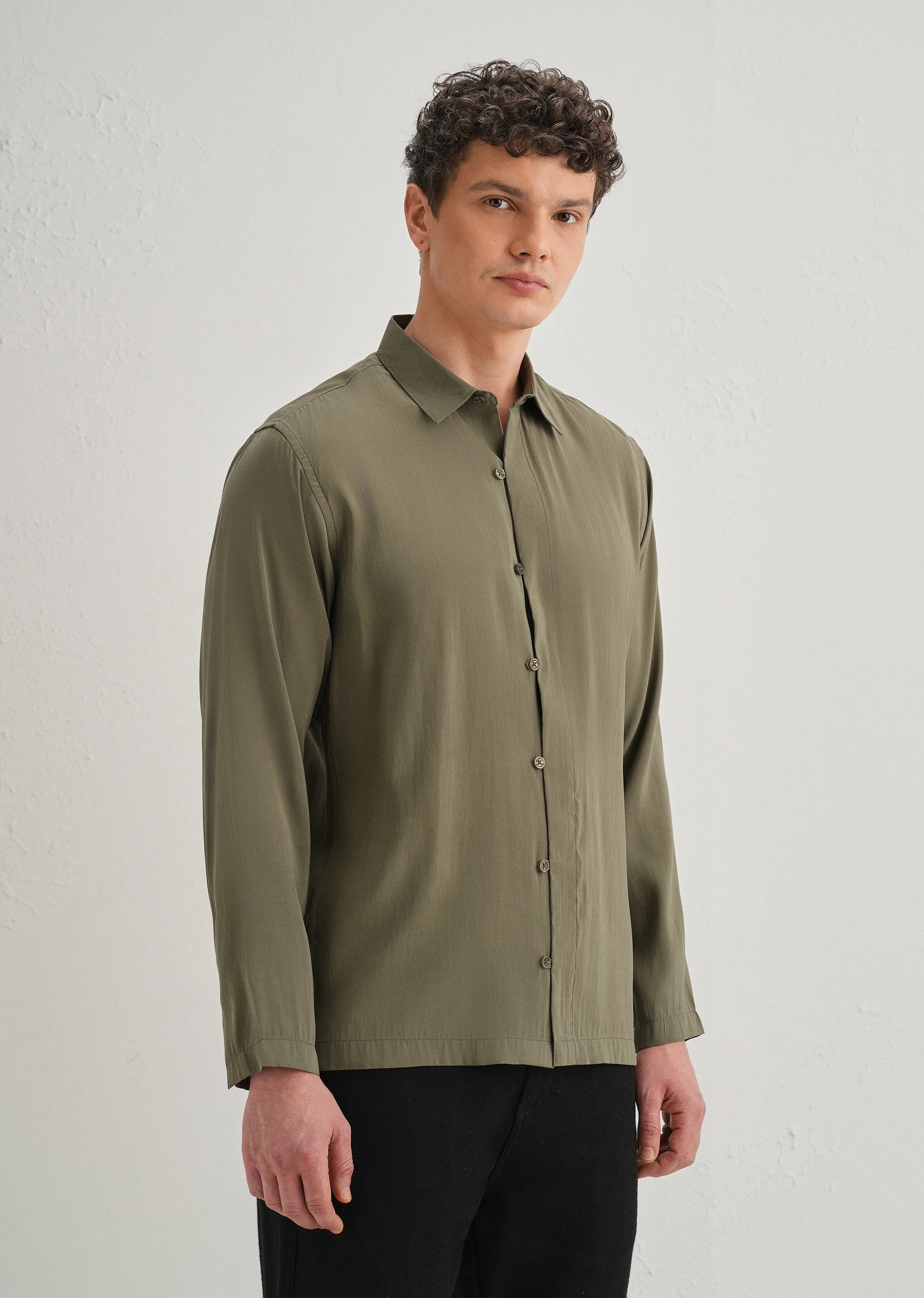 Olive Green Loop Button-Down Plain Shirt - Image 5