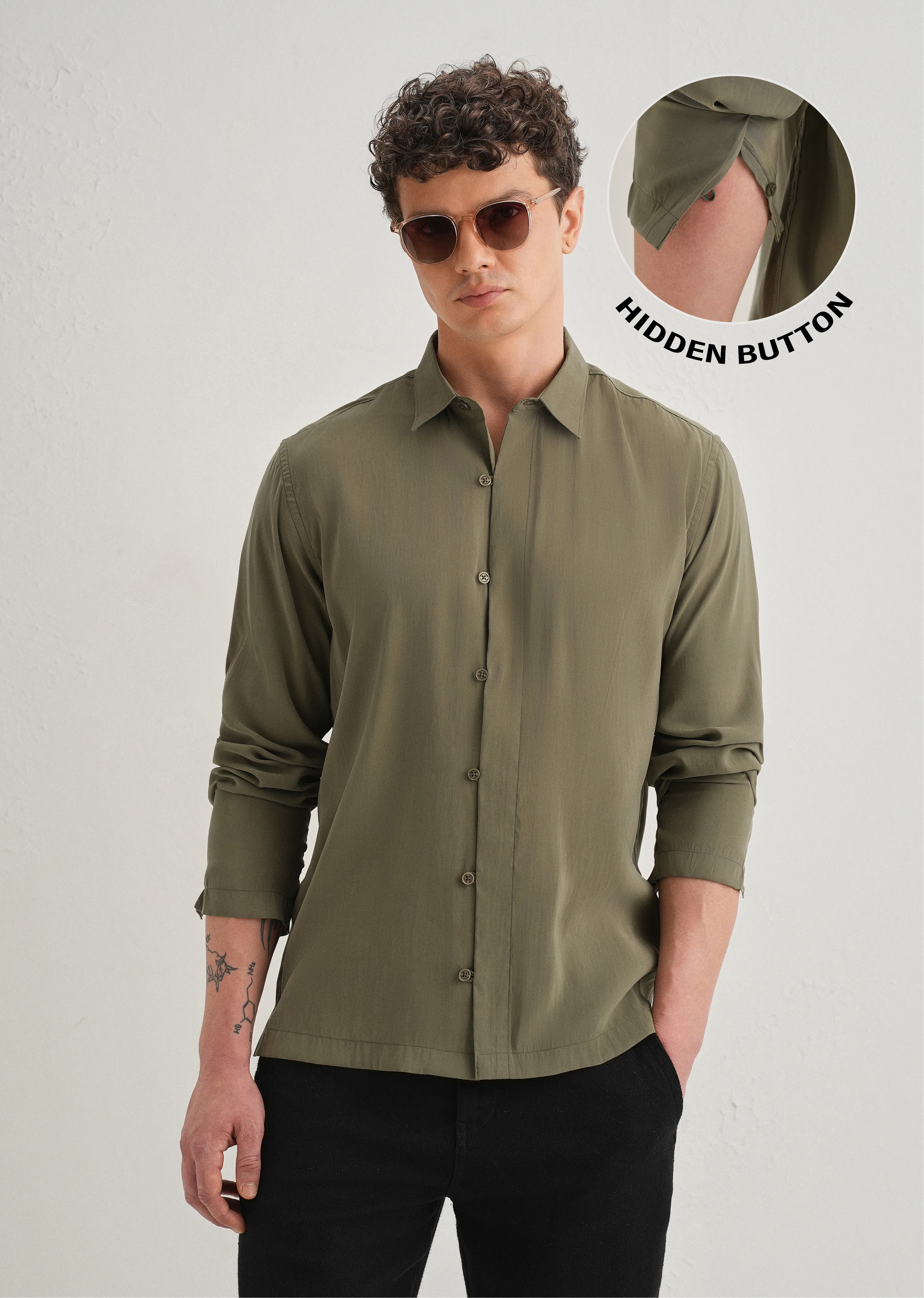 Olive Green Loop Button-Down Plain Shirt - Image 8