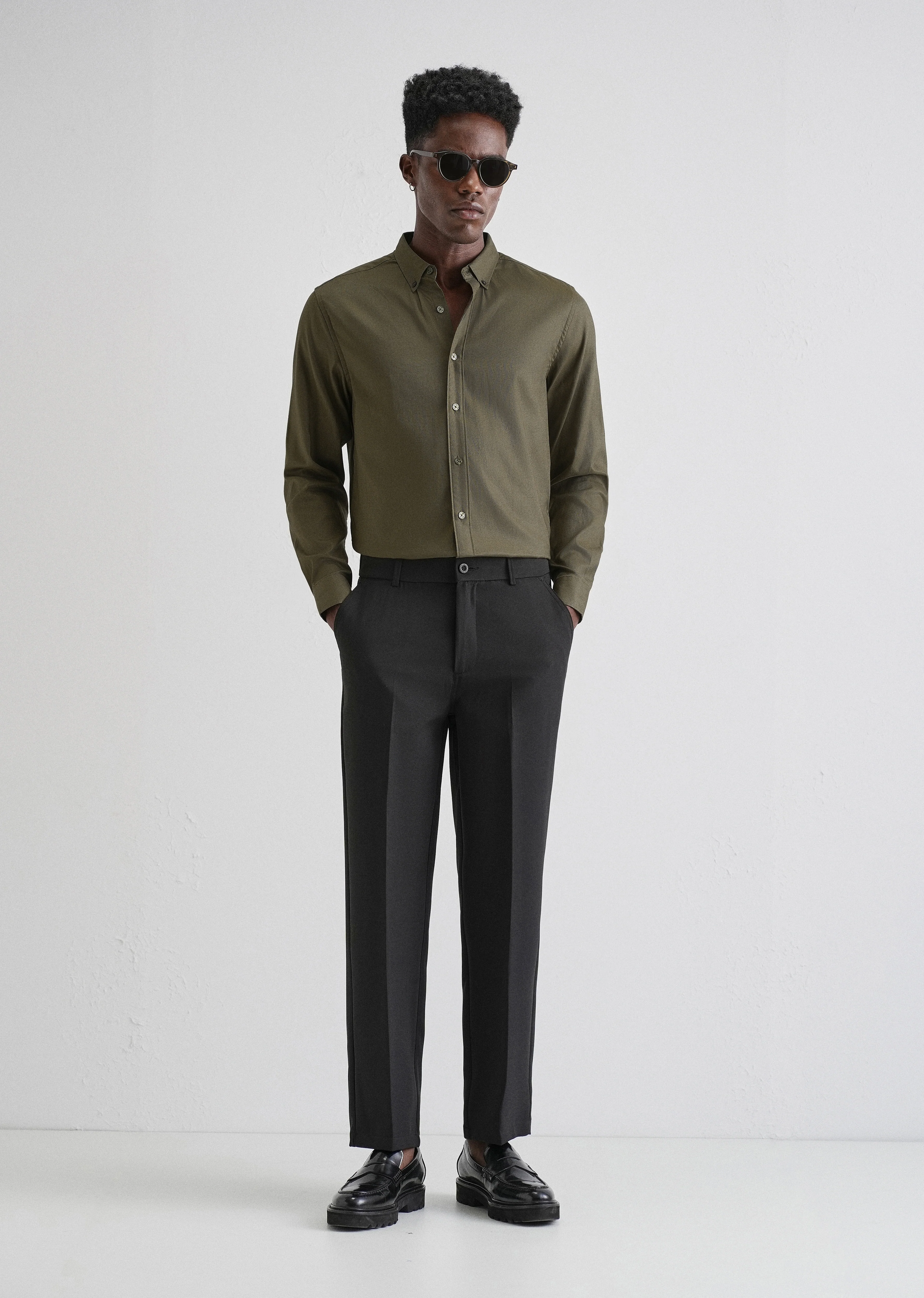Olive Green Plain Blended Cotton Regular Fit Shirt - Image 6