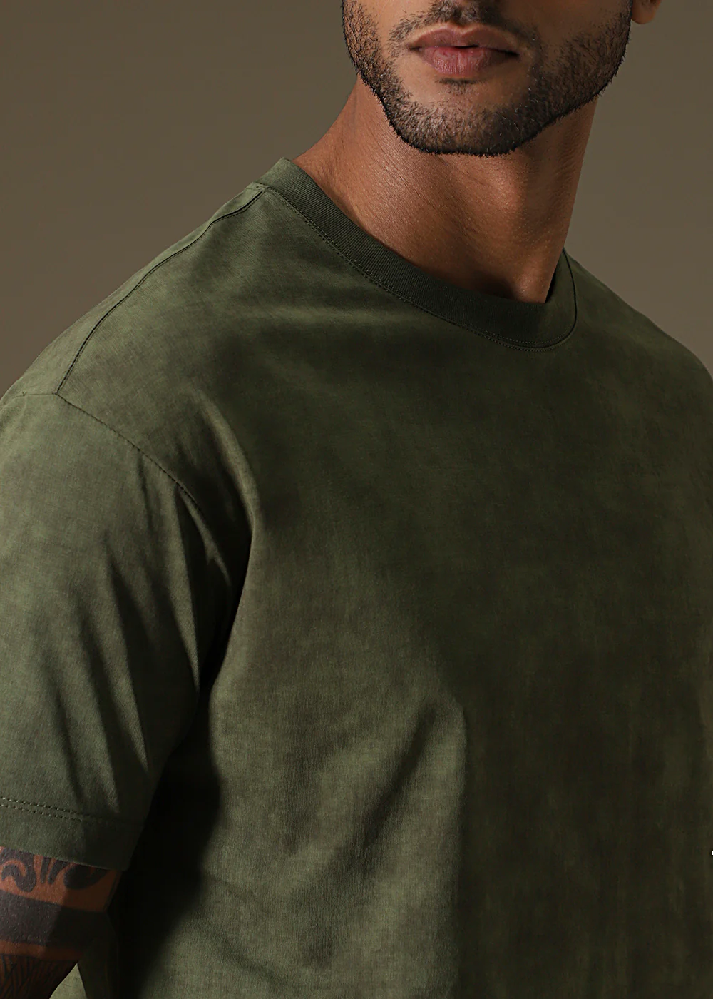 Olive Green Plain Crew Neck T-Shirt - Image 2
