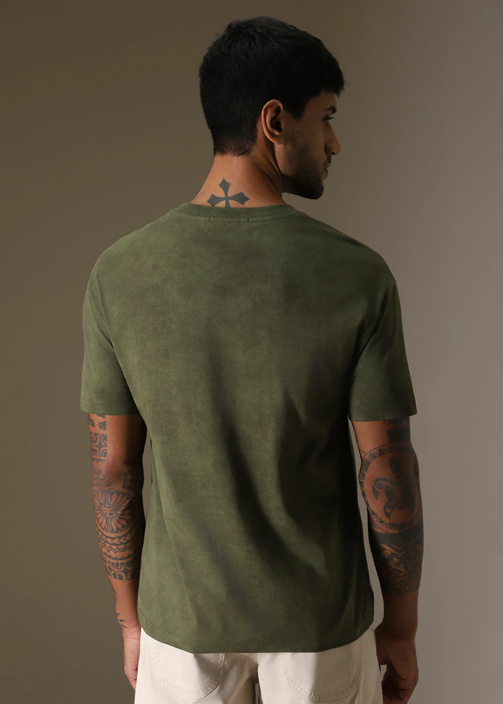 Olive Green Plain Crew Neck T-Shirt - Image 4
