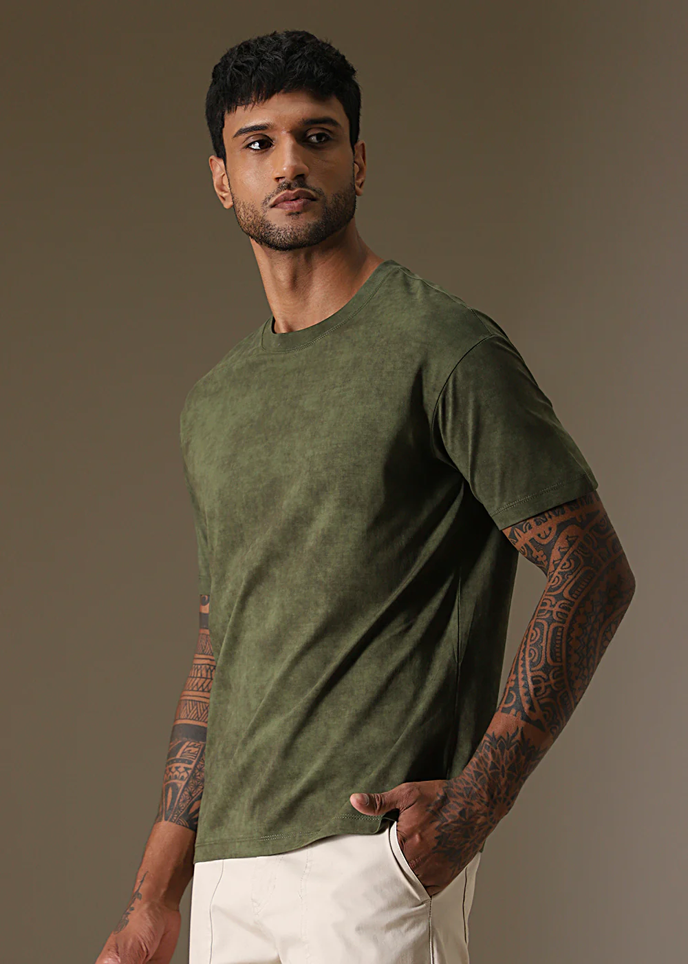 Olive Green Plain Crew Neck T-Shirt - Image 5