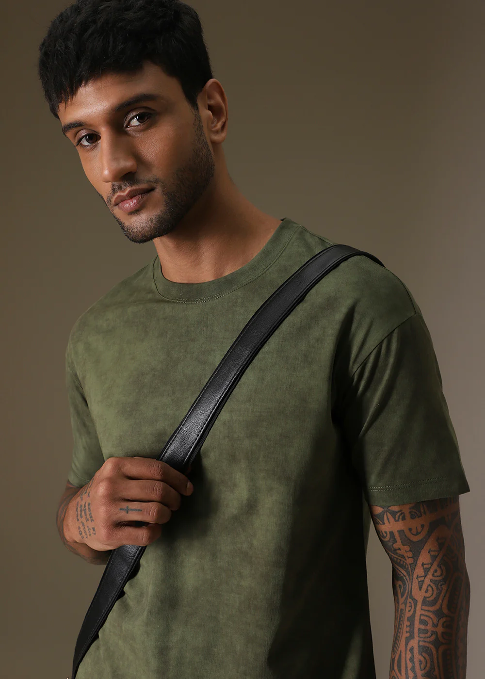 Olive Green Plain Crew Neck T-Shirt - Image 7