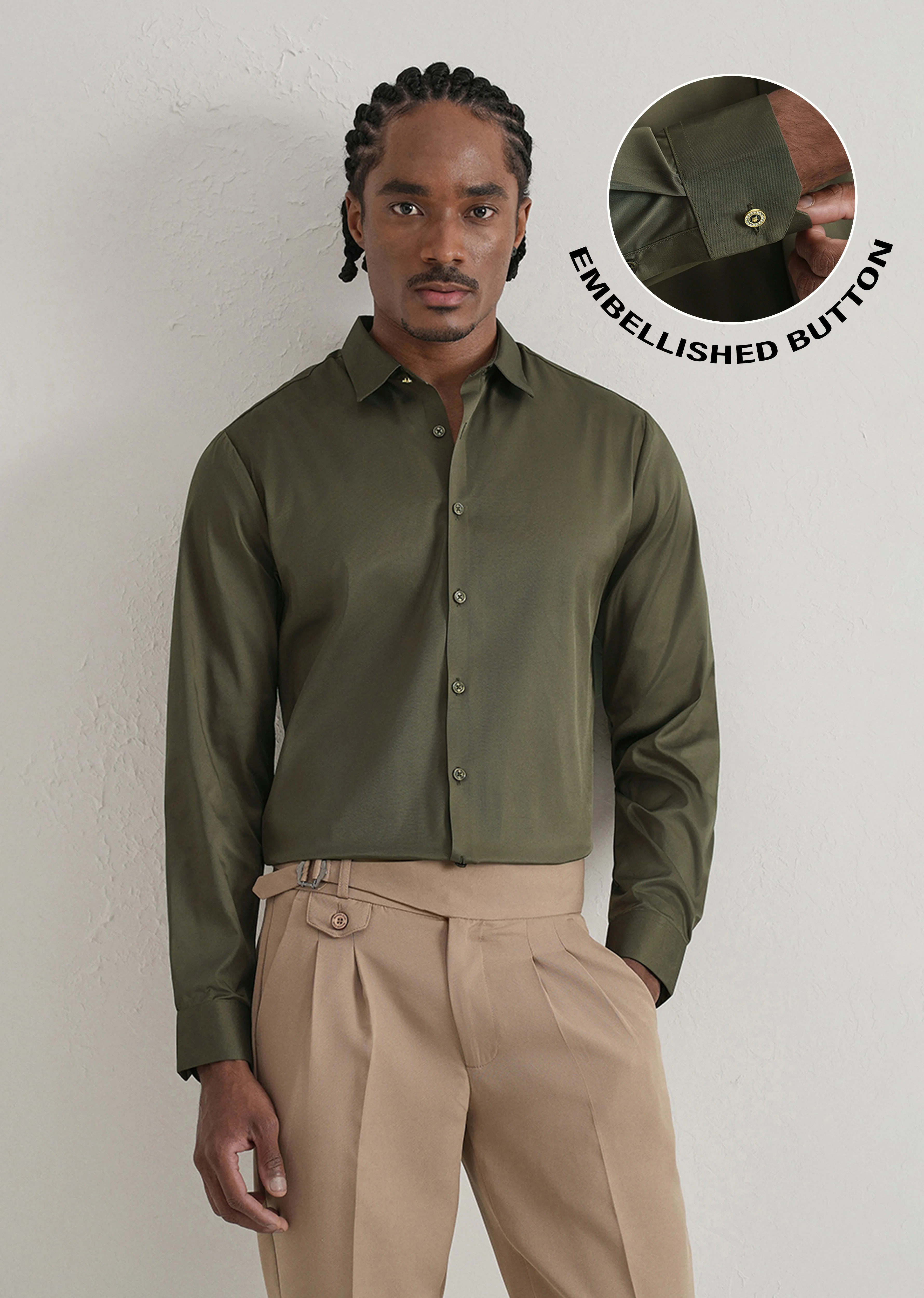 Olive Green Plain Stitchless Placket Shirt - Image 7