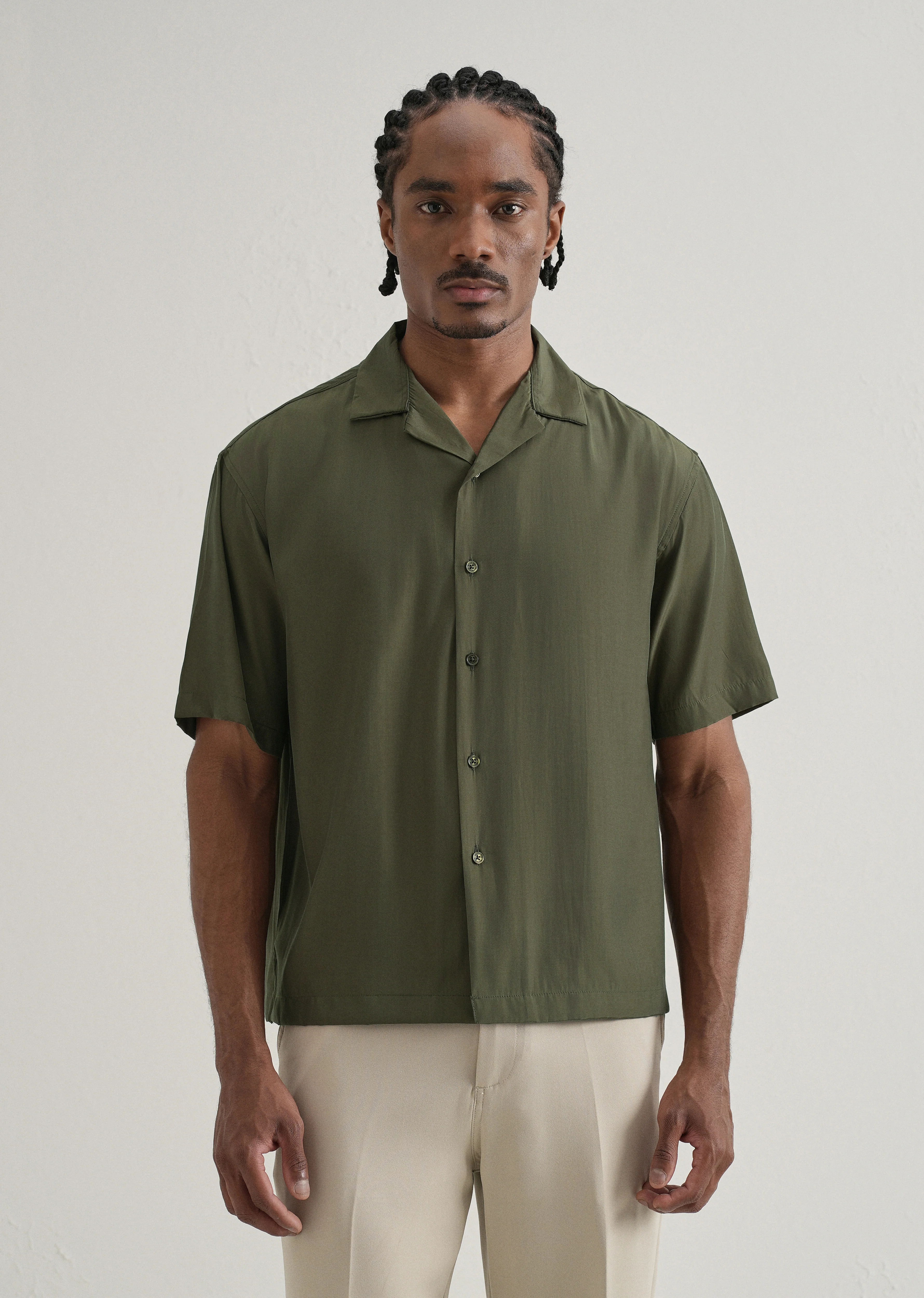 Olive Green Plain Sheen Cuban Collar Shirt - Image 3