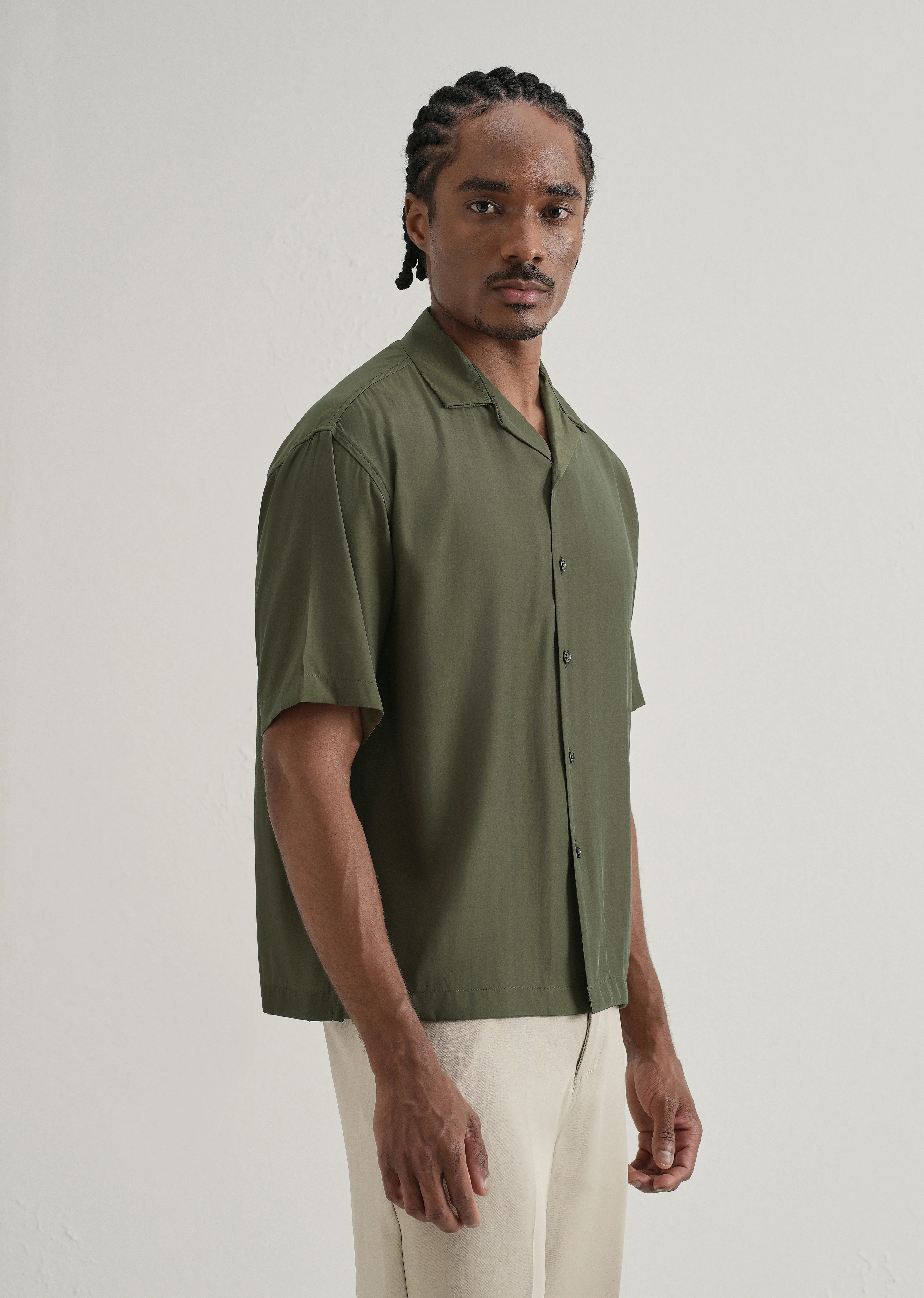 Olive Green Plain Sheen Cuban Collar Shirt - Image 4