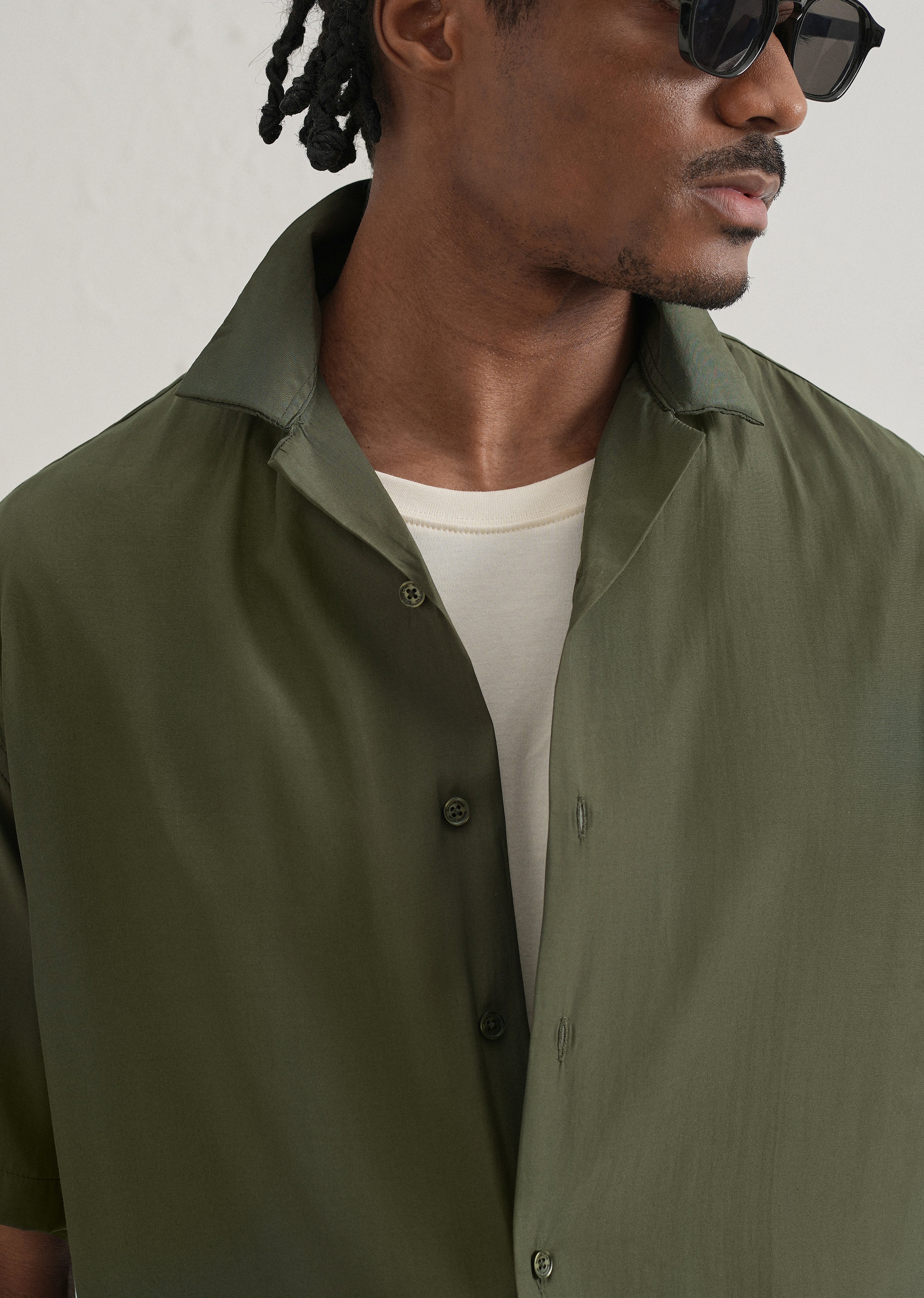 Olive Green Plain Sheen Cuban Collar Shirt - Image 5
