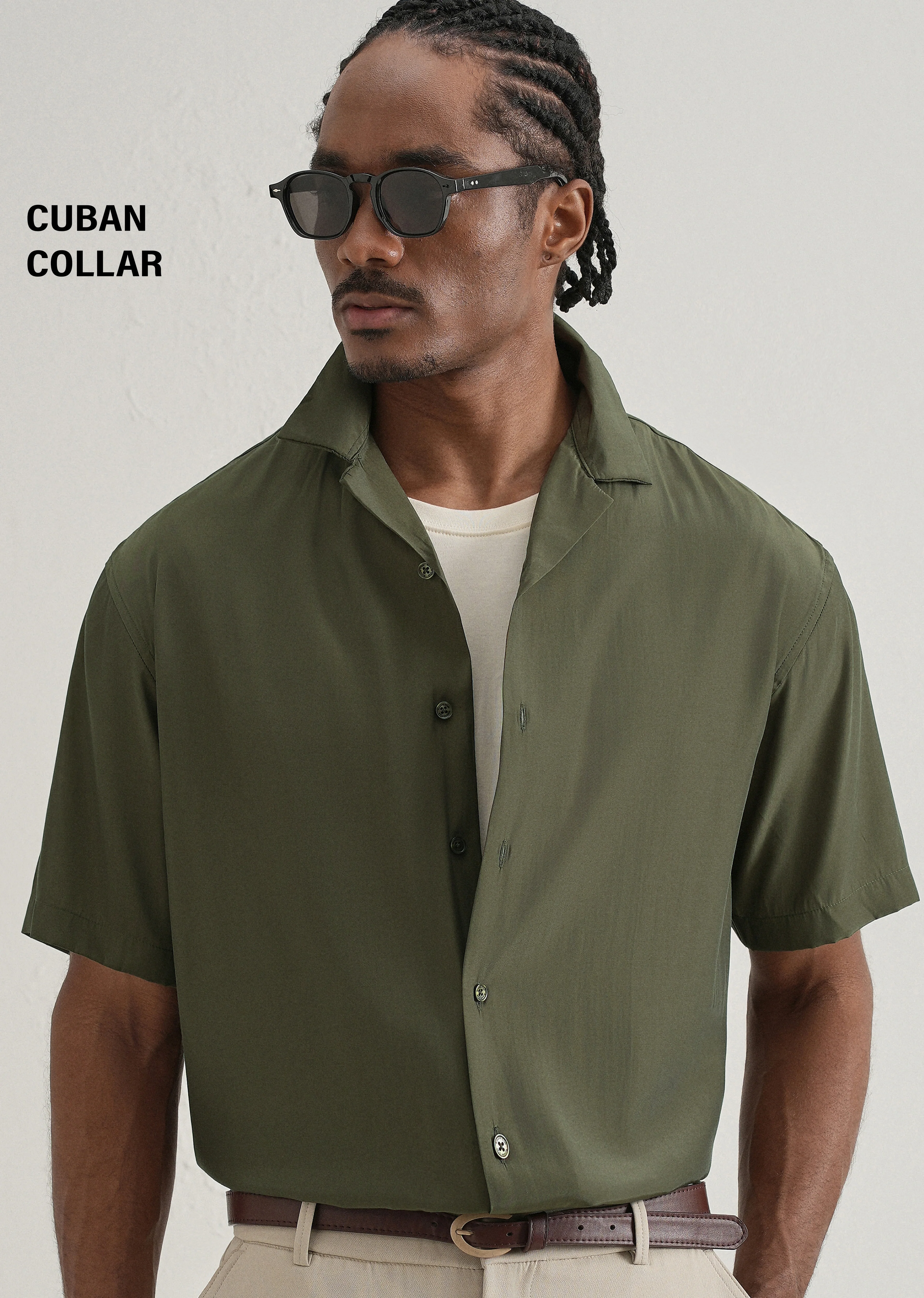 Olive Green Plain Sheen Cuban Collar Shirt - Image 7