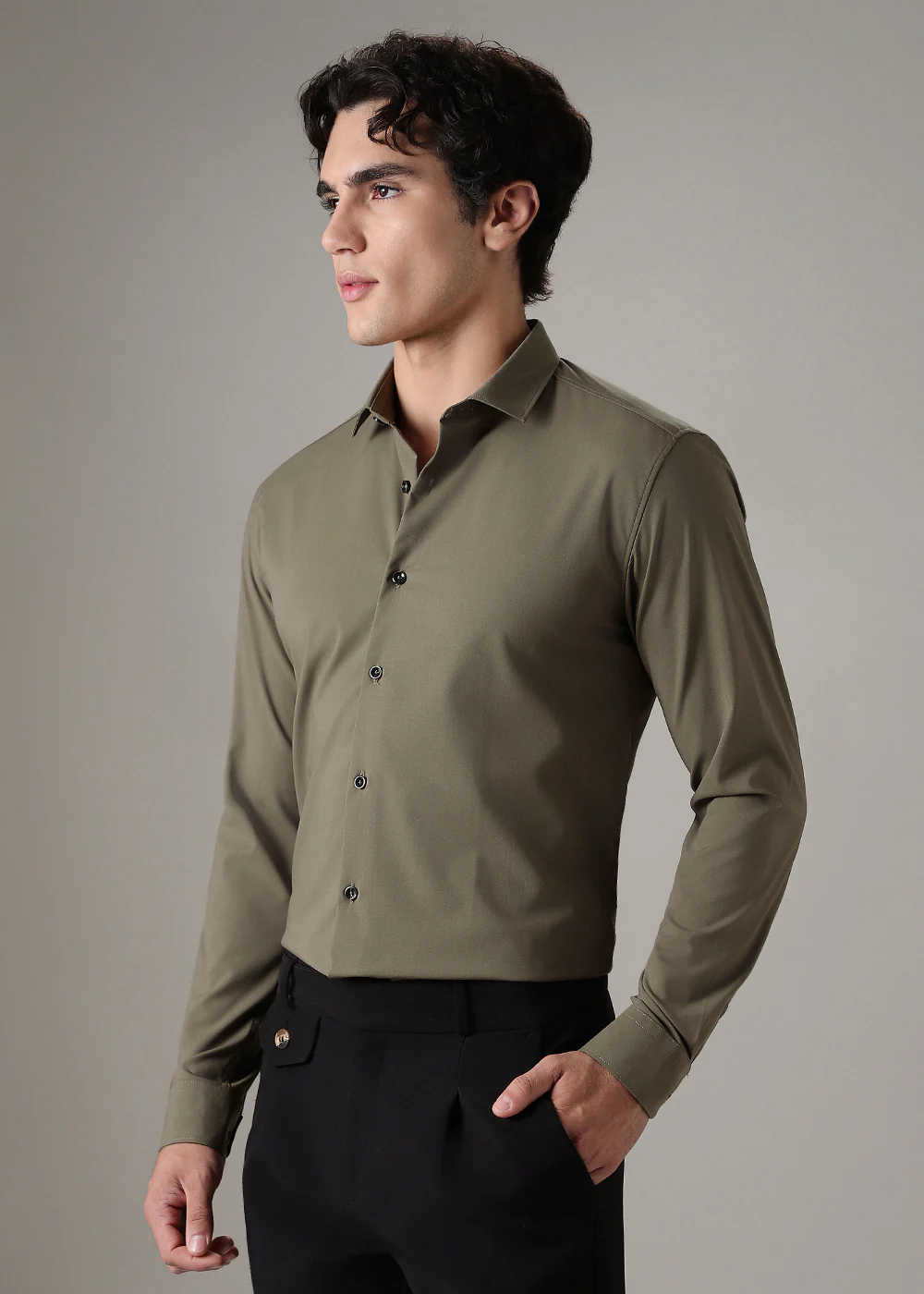 Olive Green Plain Wrinkle Free Shirt - Image 5