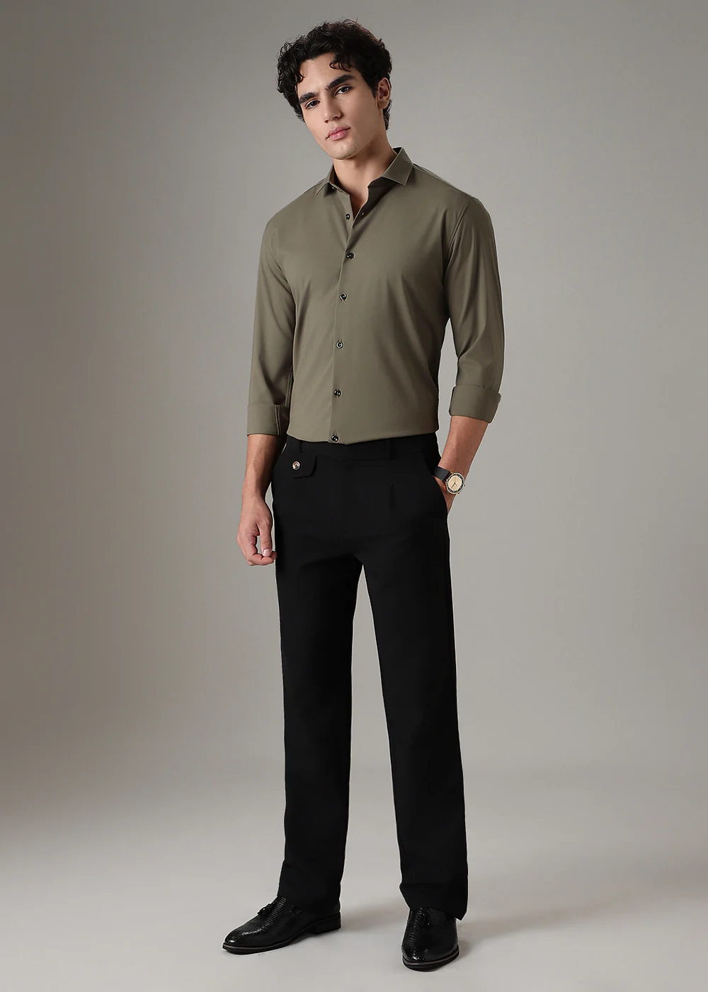 Olive Green Plain Wrinkle Free Shirt - Image 6