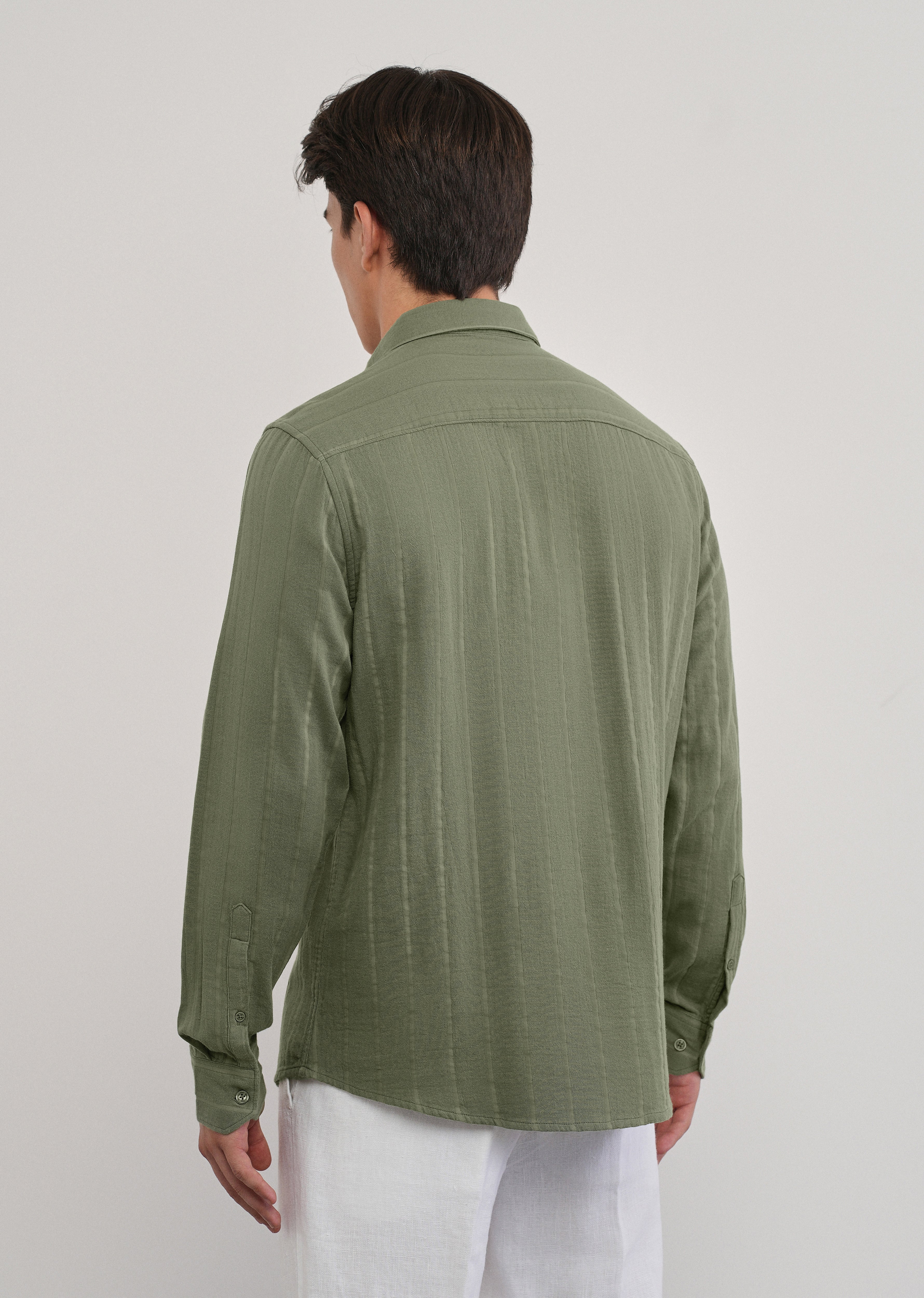 Olive Green Self Striped Cotton Shirt - Image 2
