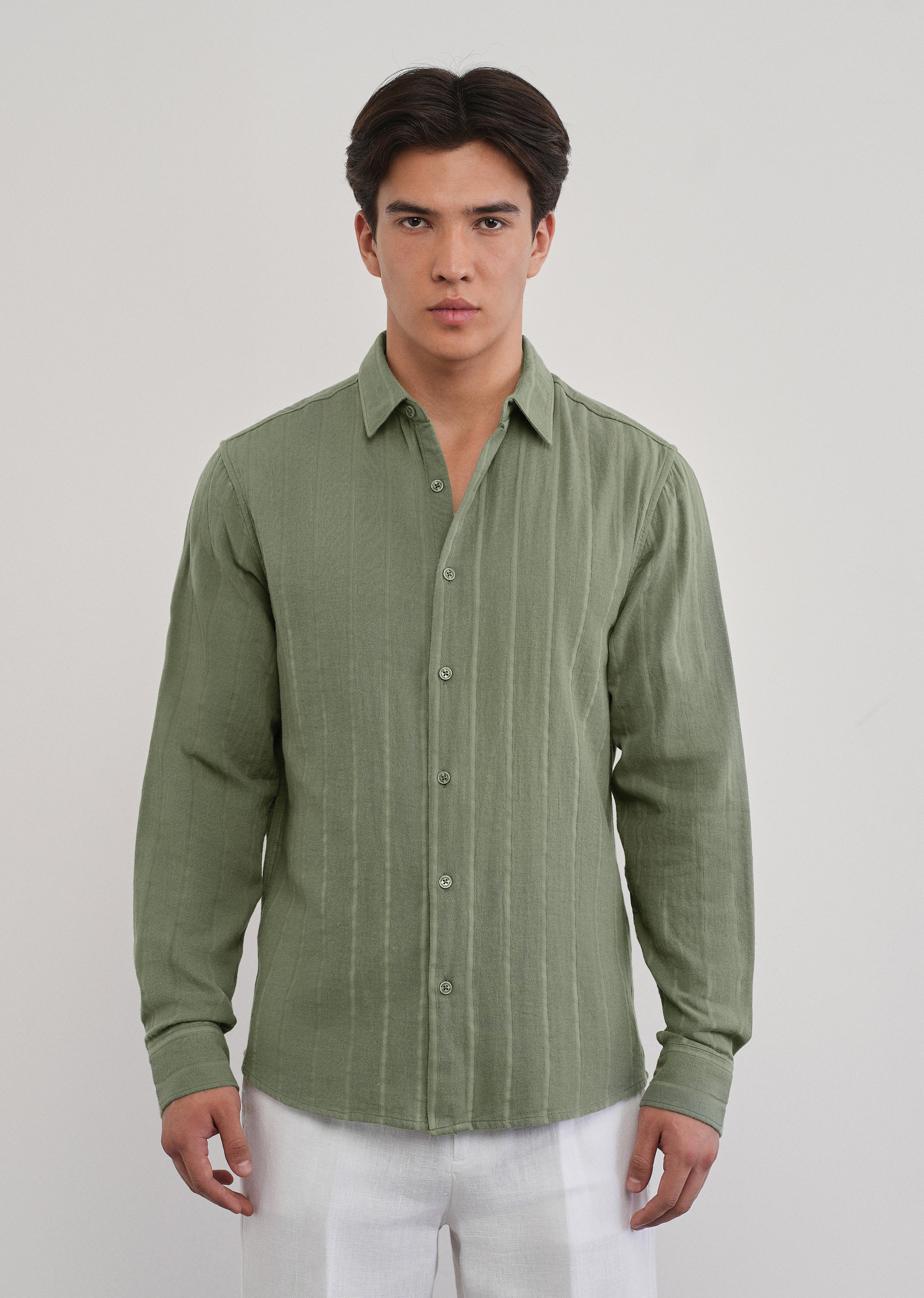 Olive Green Self Striped Cotton Shirt - Image 3