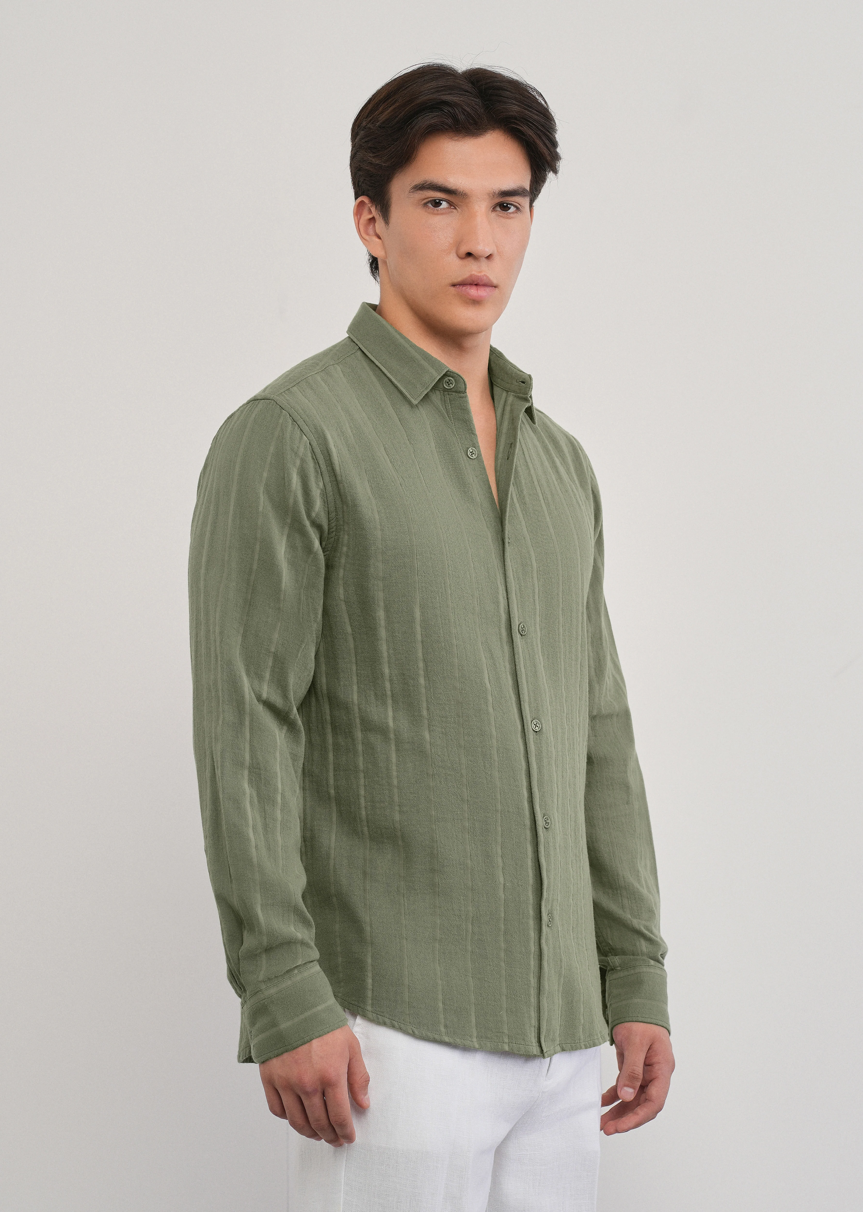 Olive Green Self Striped Cotton Shirt - Image 4