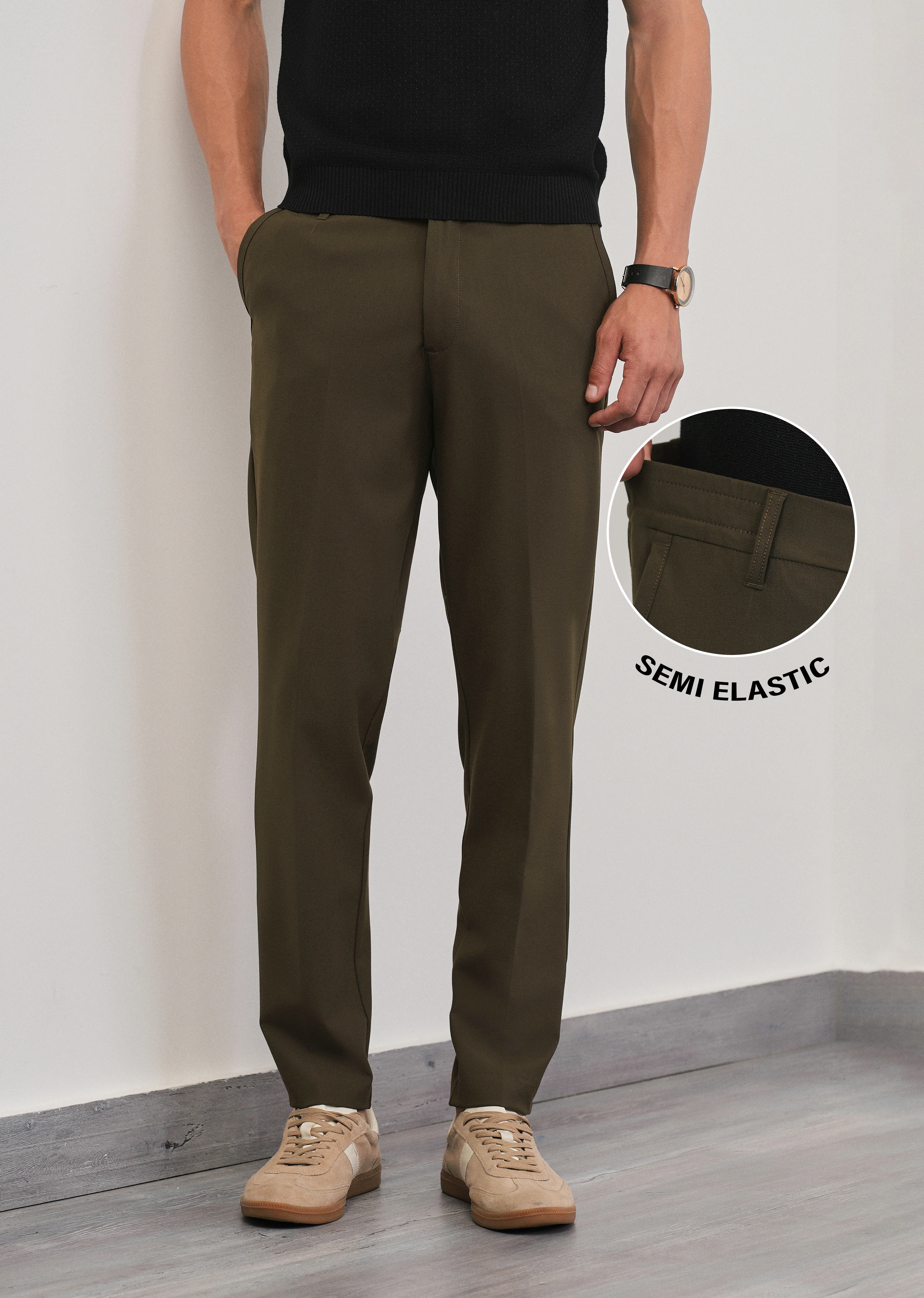 Olive Green Semi-Elastic Slim Fit Trouser - Image 7