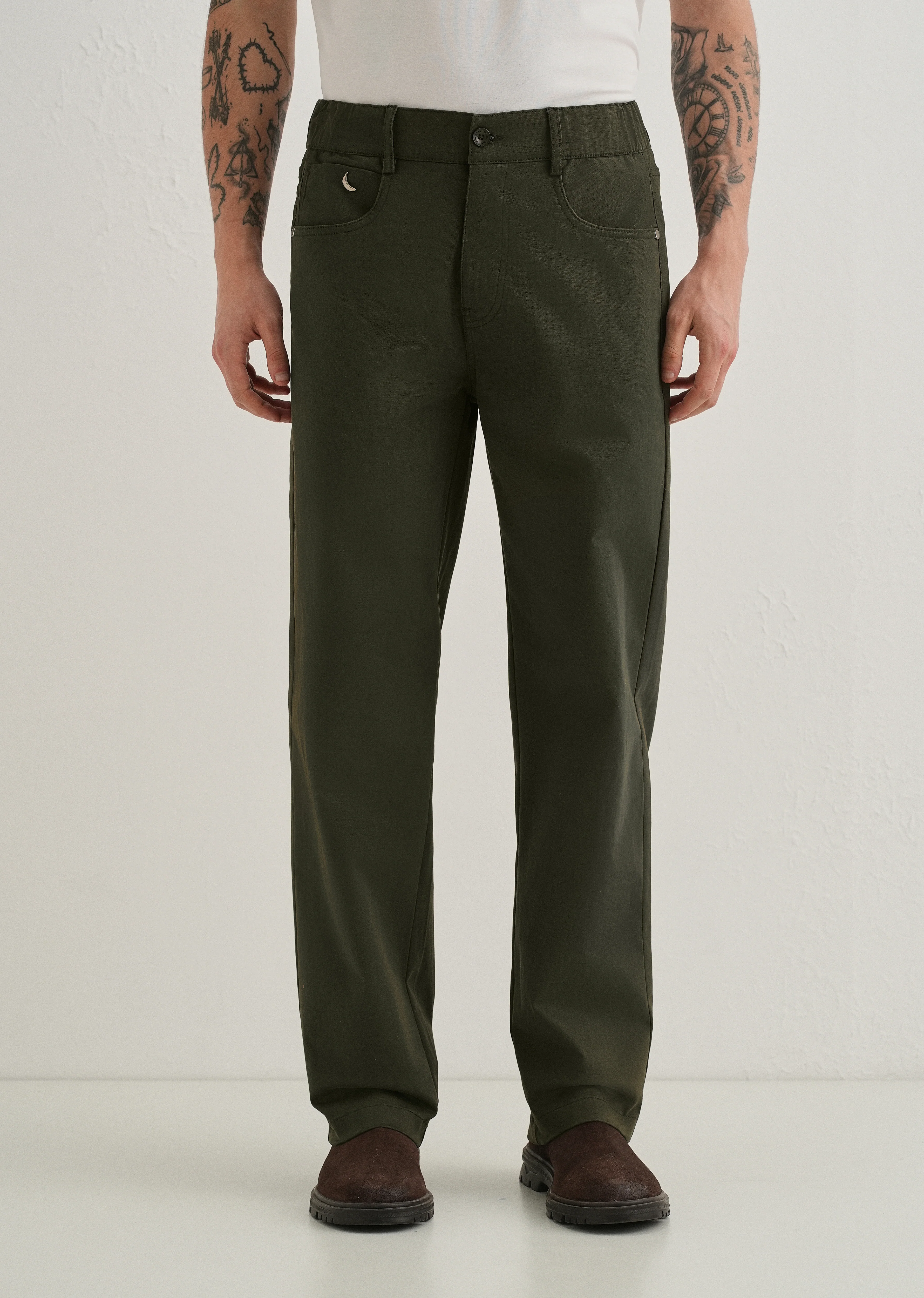 Olive Green Semi-Elasticated Cotton Trouser - Image 3