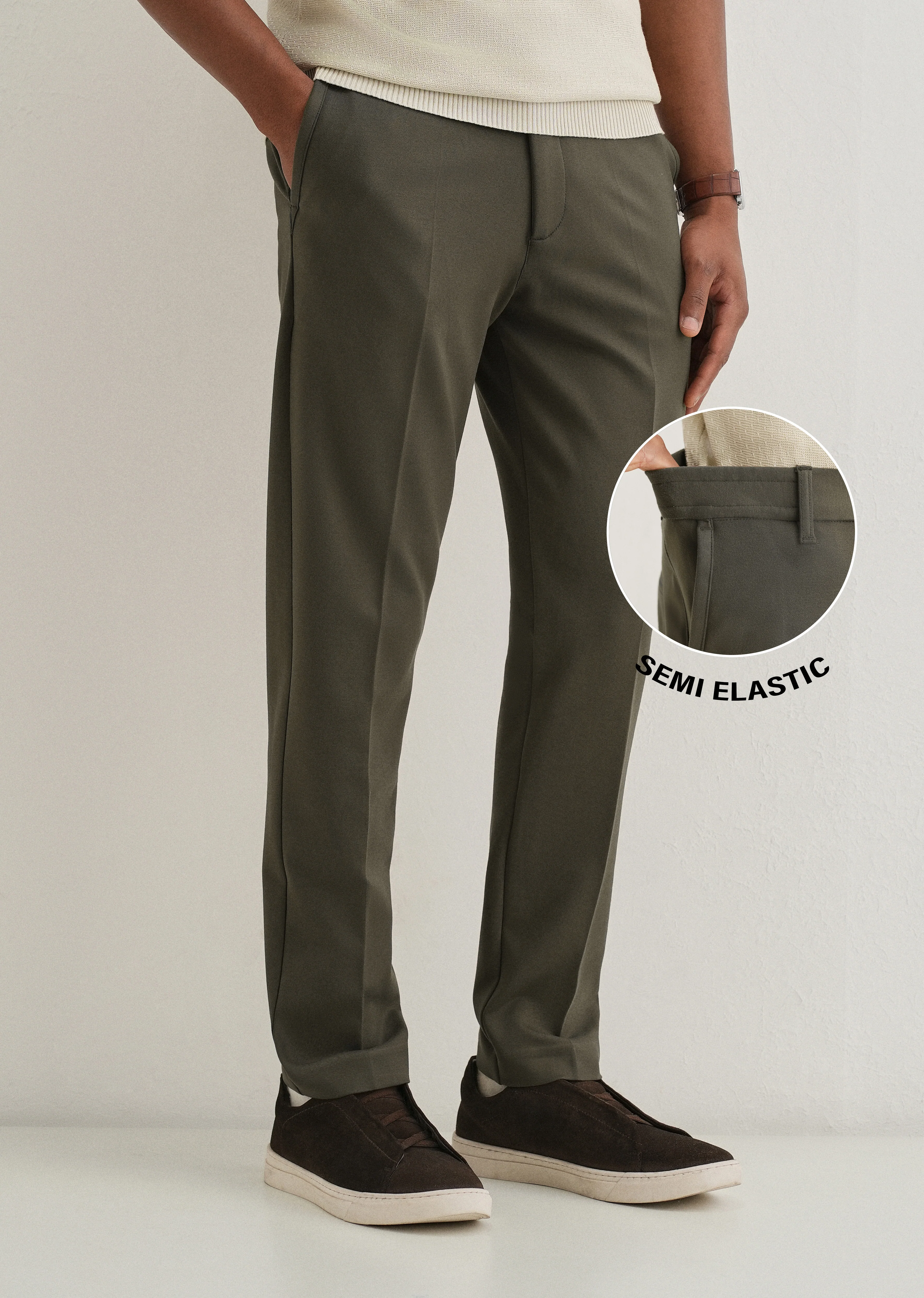 Olive Green Semi Elasticated Slim Fit Trouser - Image 7