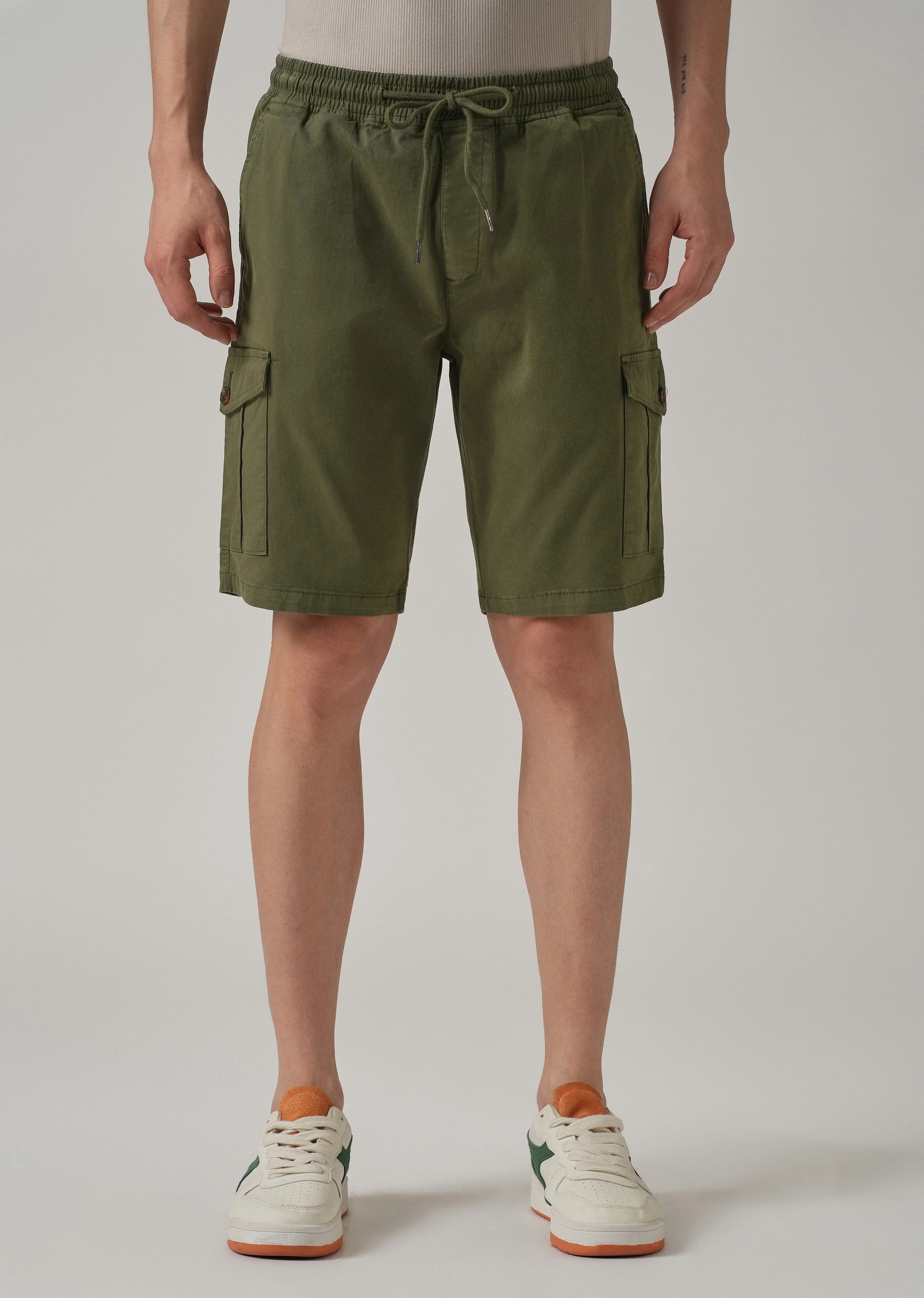 Olive Green Cotton Cargo Shorts - Image 3