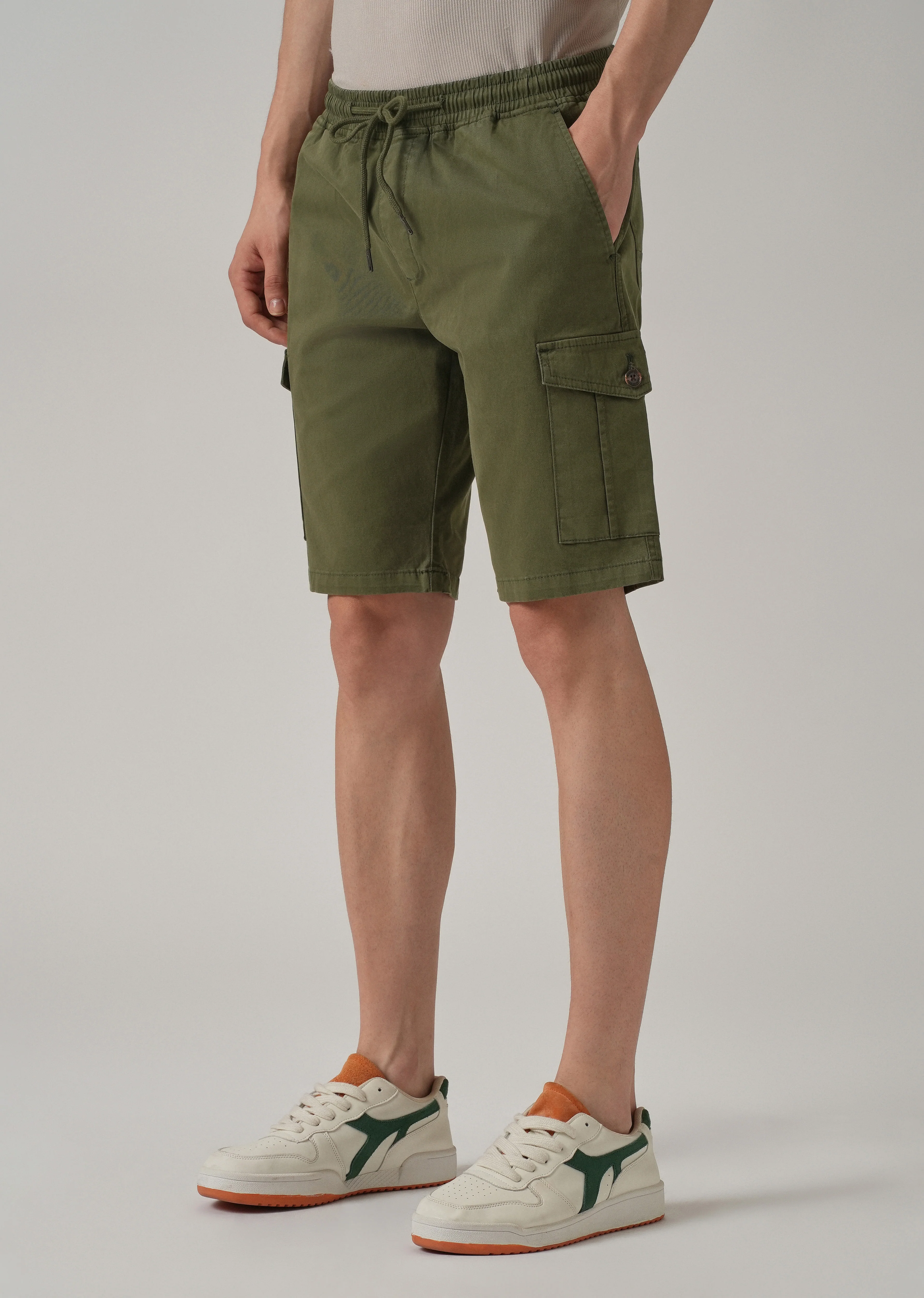 Olive Green Cotton Cargo Shorts - Image 4