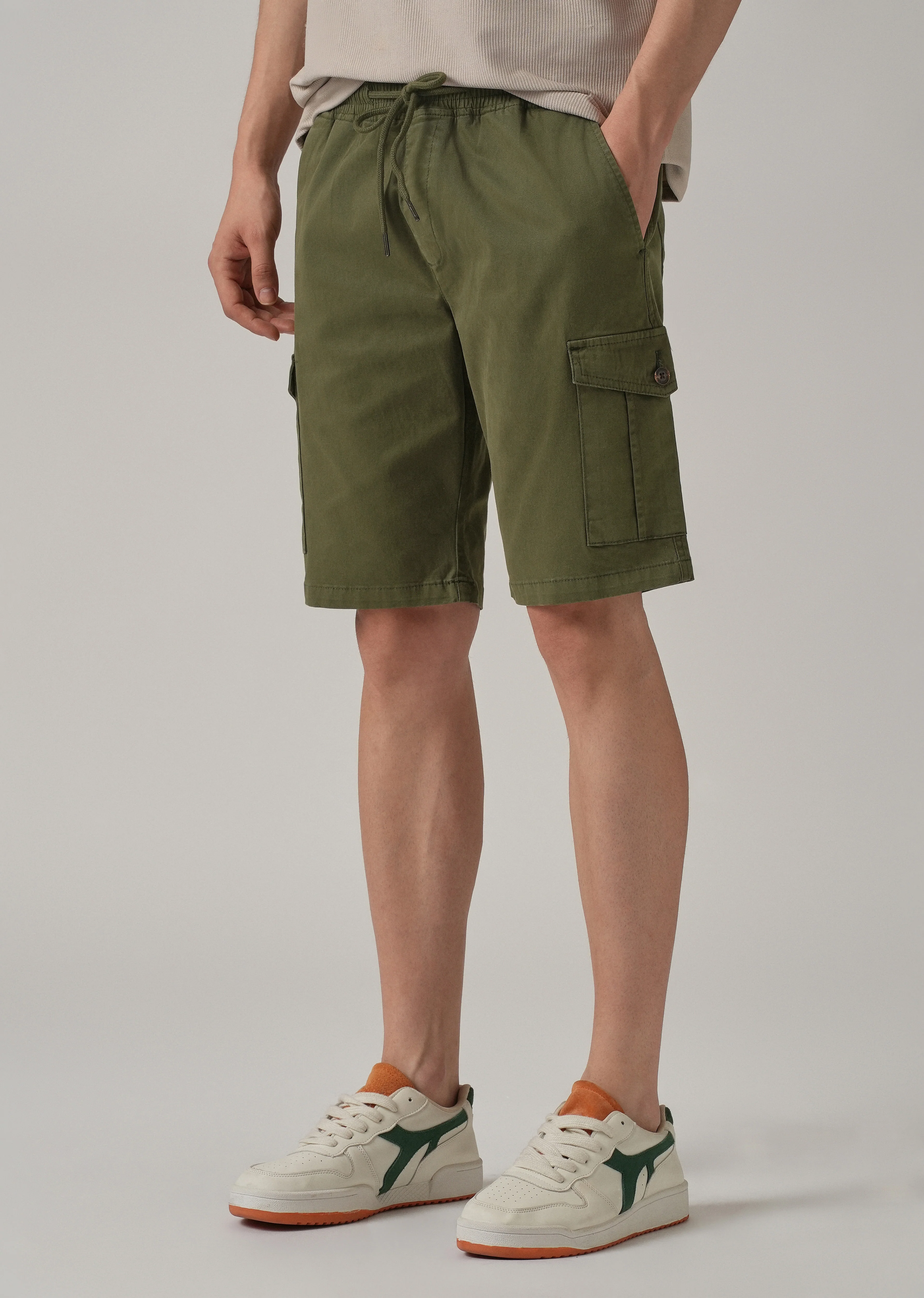 Olive Green Cotton Cargo Shorts - Image 7