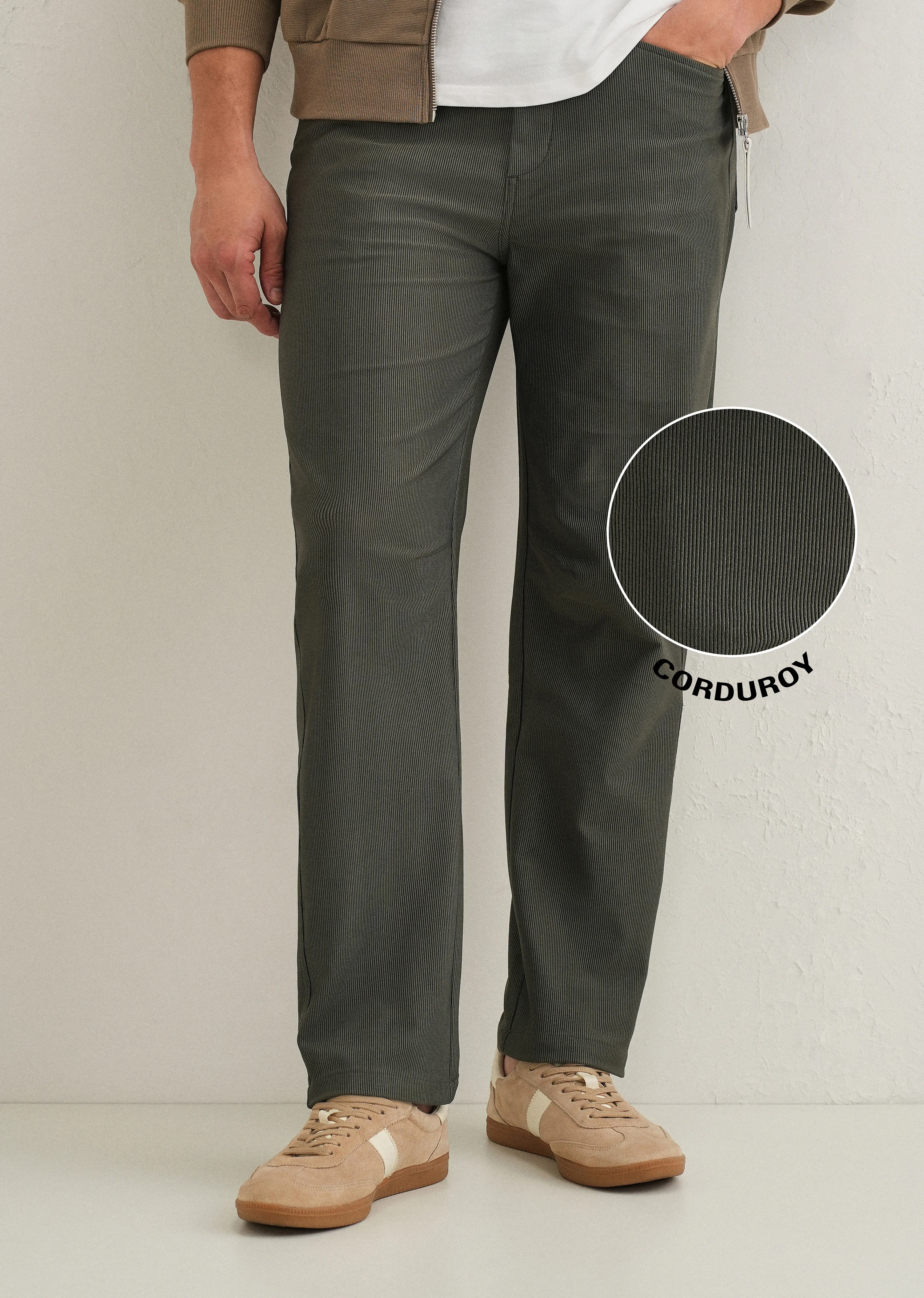 Olive Green Straight Fit Corduroy Pants - Image 7