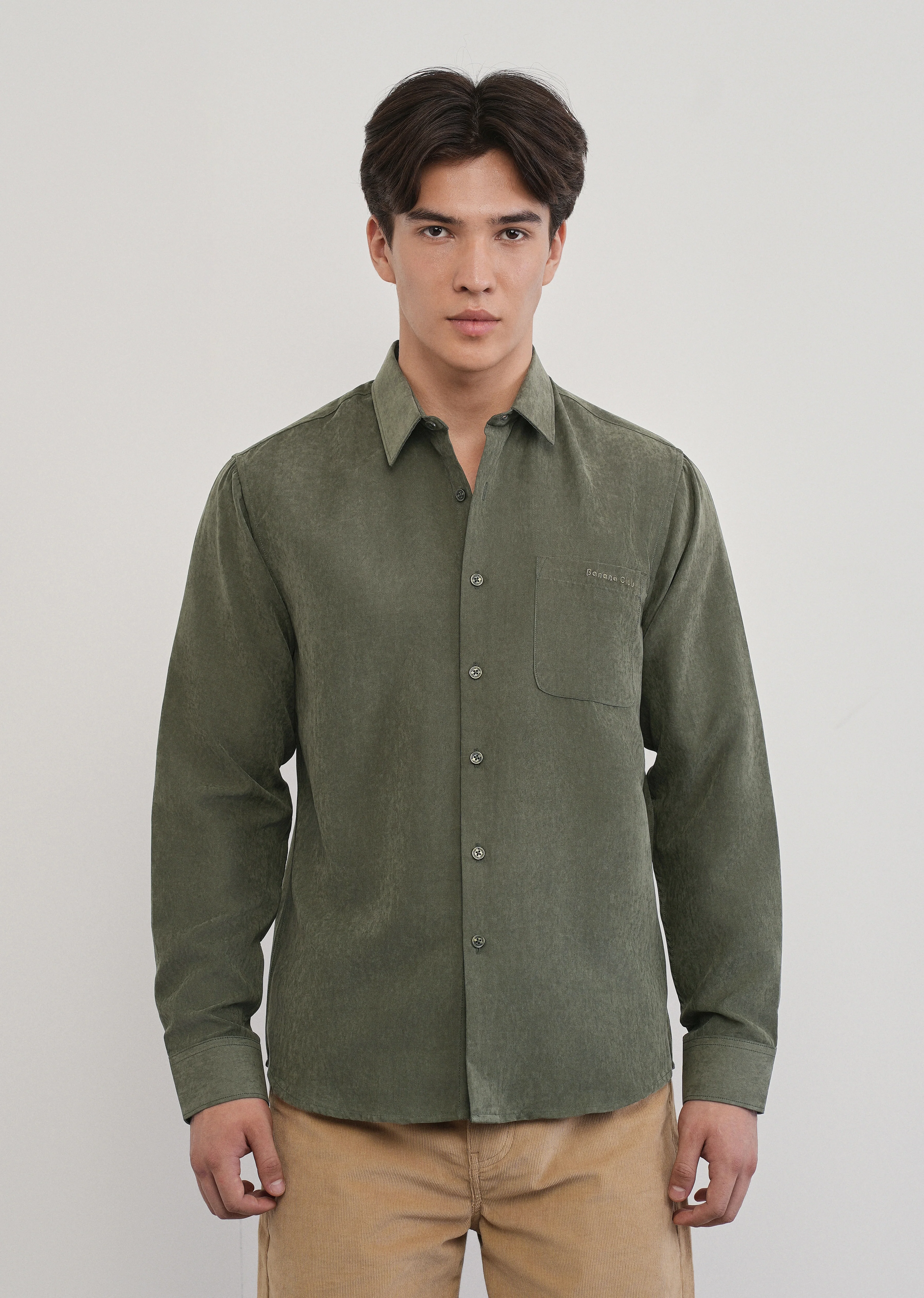 Olive Green Suede Plain Shirt - Image 3