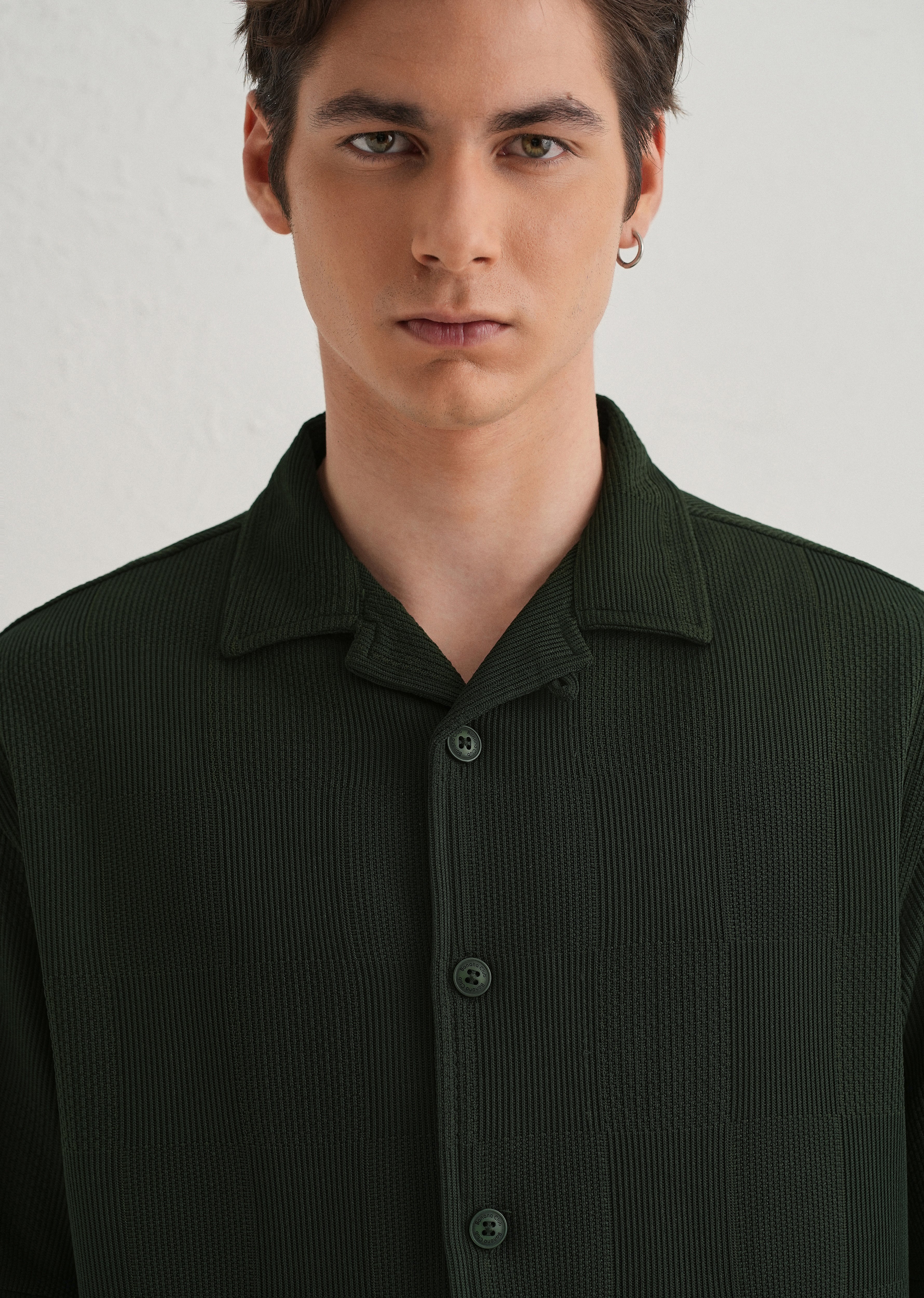 Olive Green Textured Check Knit Shirt - Image 2
