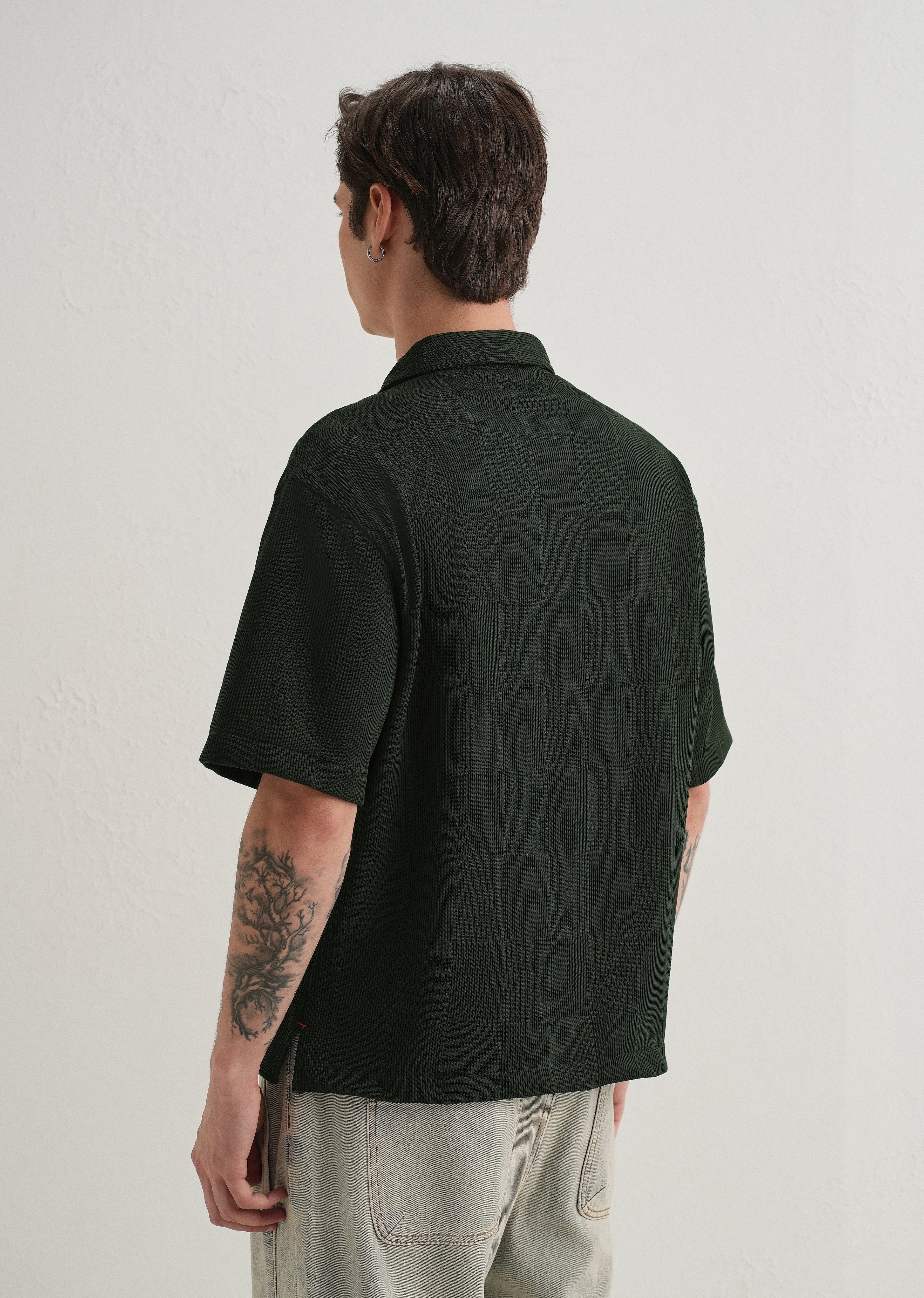 Olive Green Textured Check Knit Shirt - Image 3