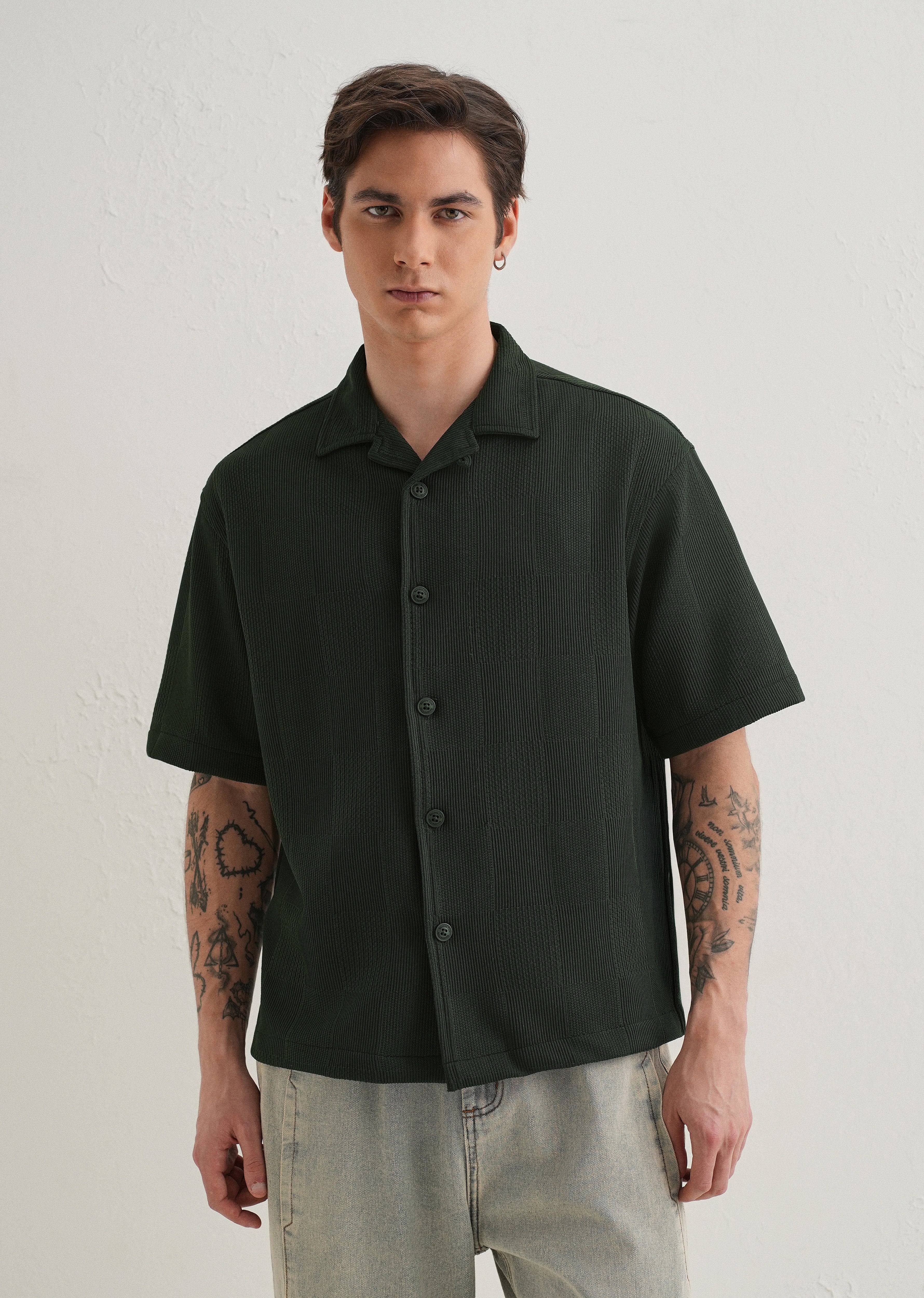 Olive Green Textured Check Knit Shirt - Image 4