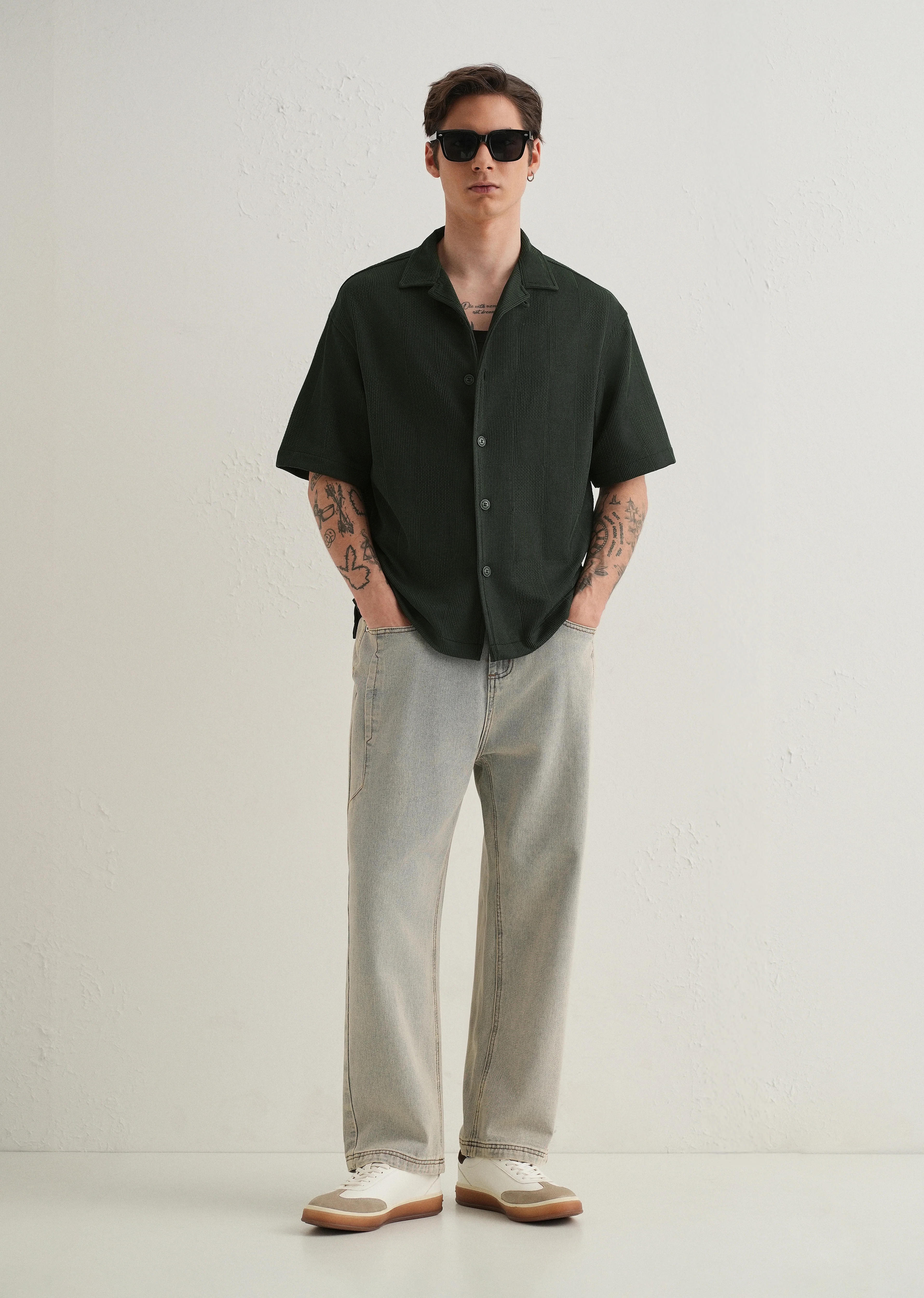 Olive Green Textured Check Knit Shirt - Image 6