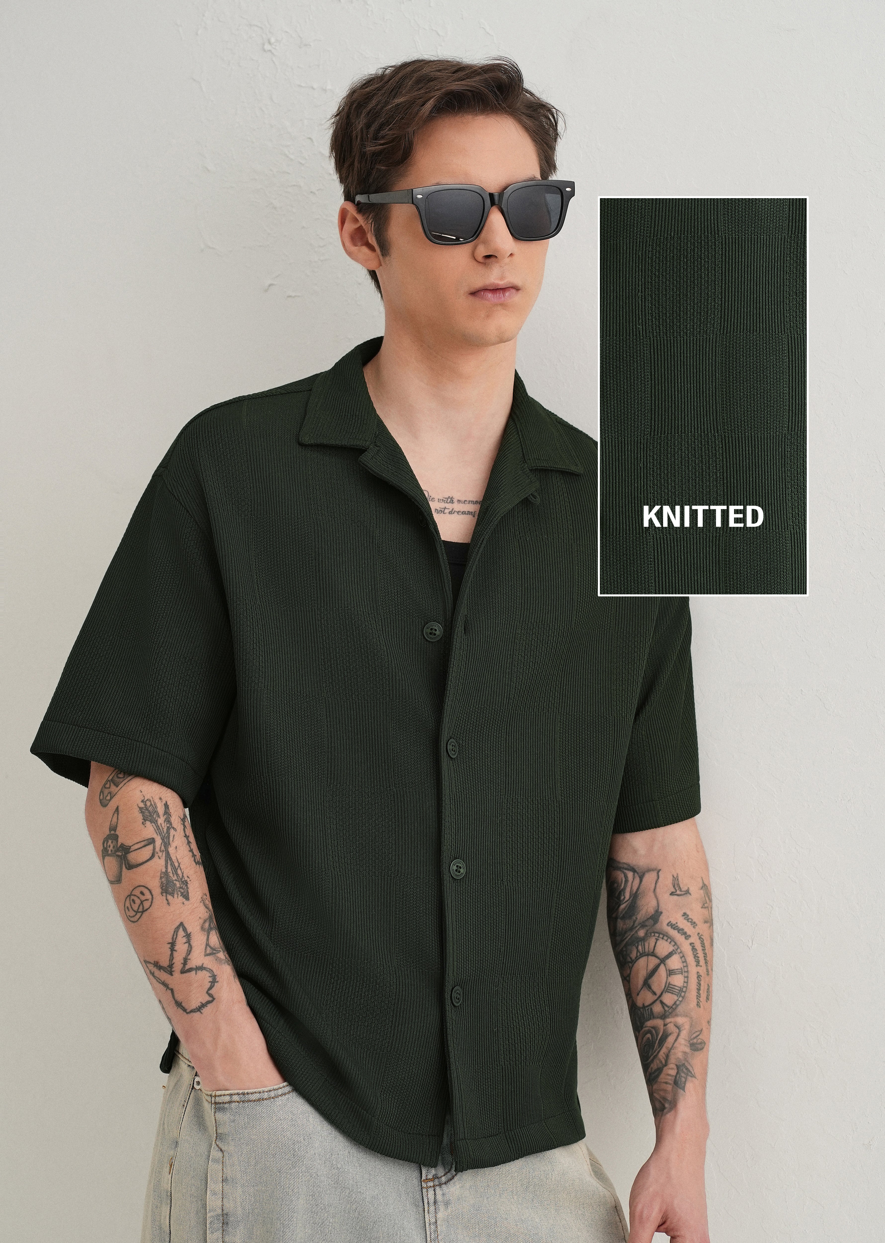 Olive Green Textured Check Knit Shirt - Image 7