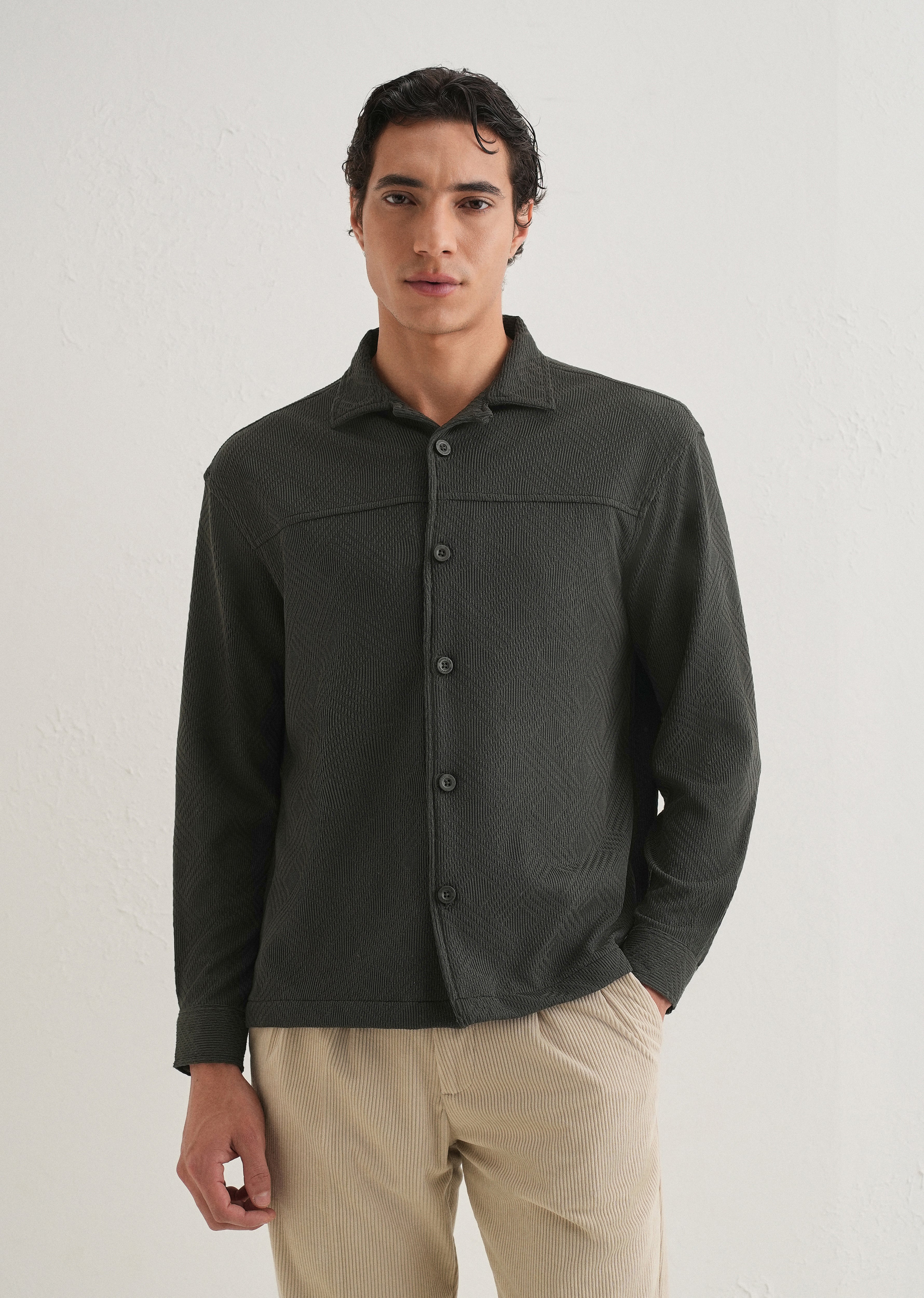 Olive Green Textured Knit Shacket - Image 5