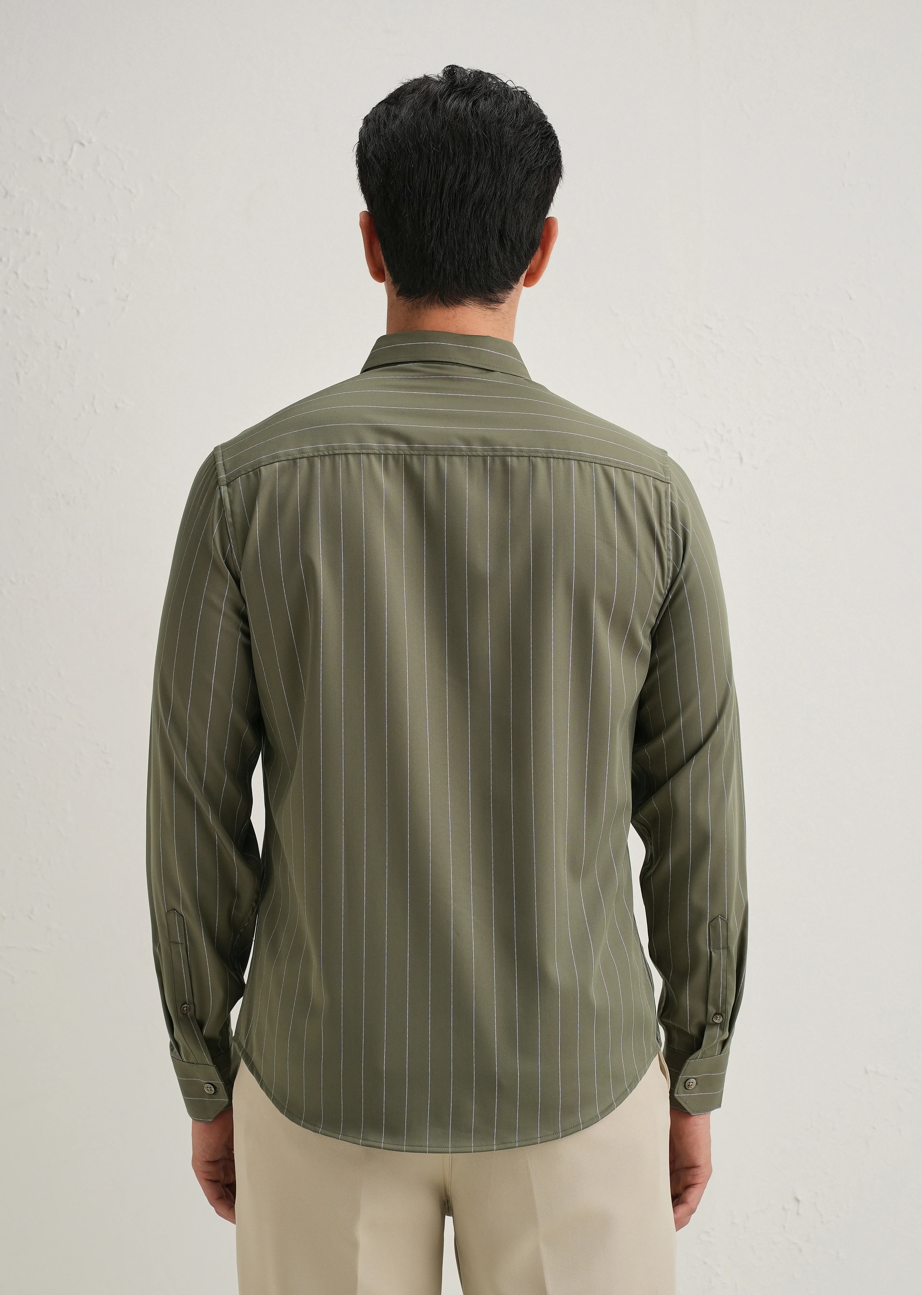 Olive Green Vertical Stripe Shirt - Image 4