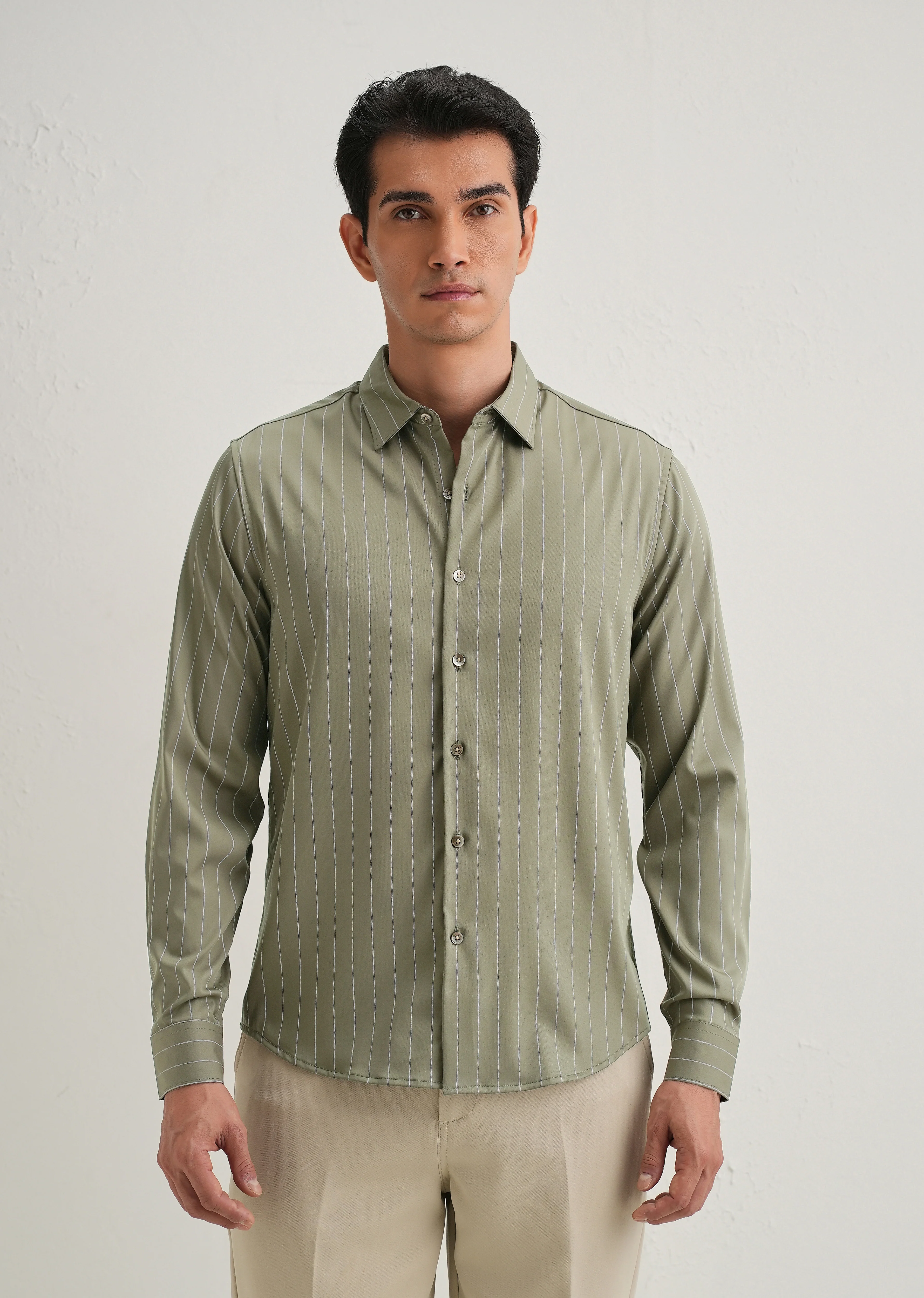 Olive Green Vertical Stripe Shirt - Image 5