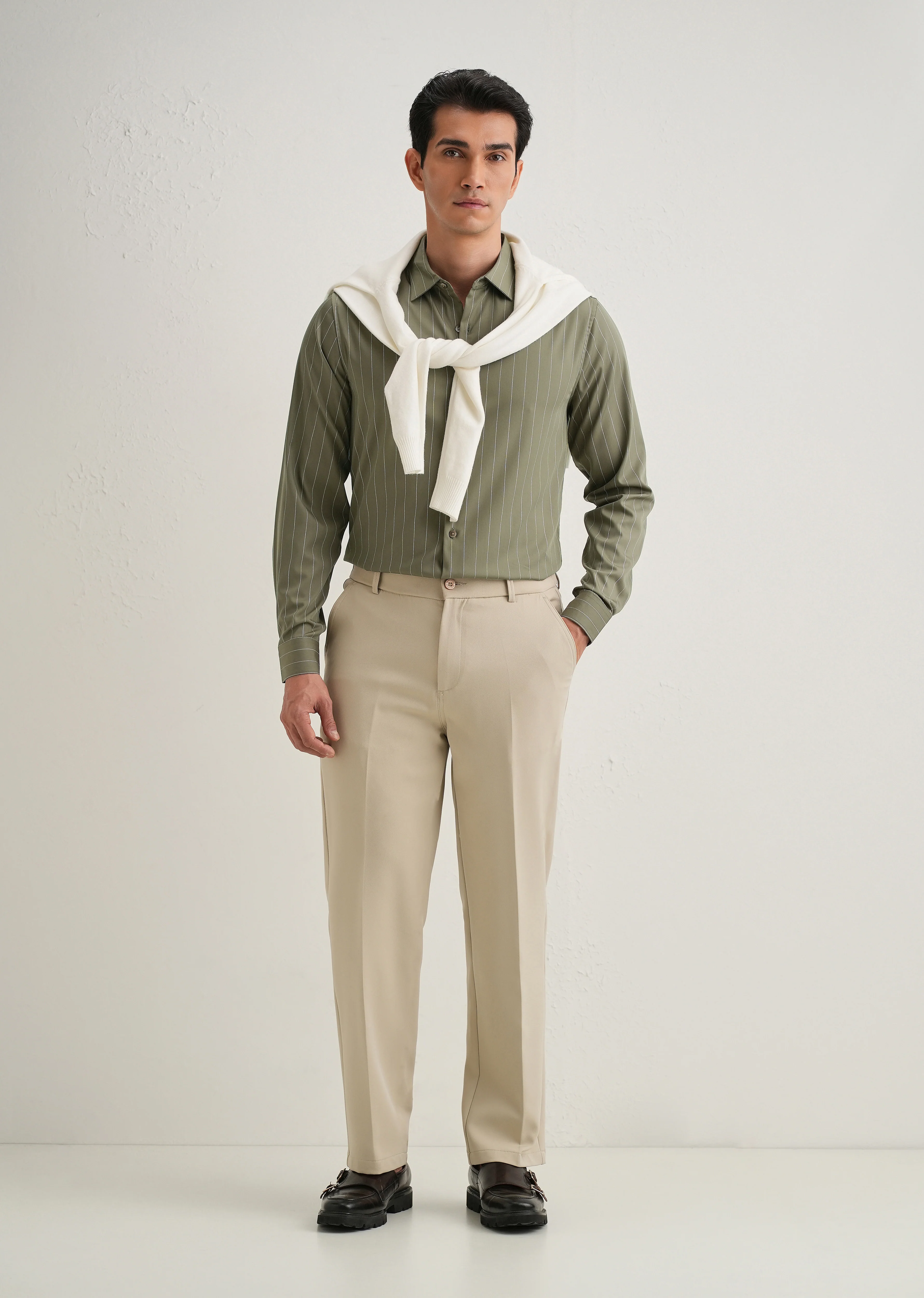 Olive Green Vertical Stripe Shirt - Image 7