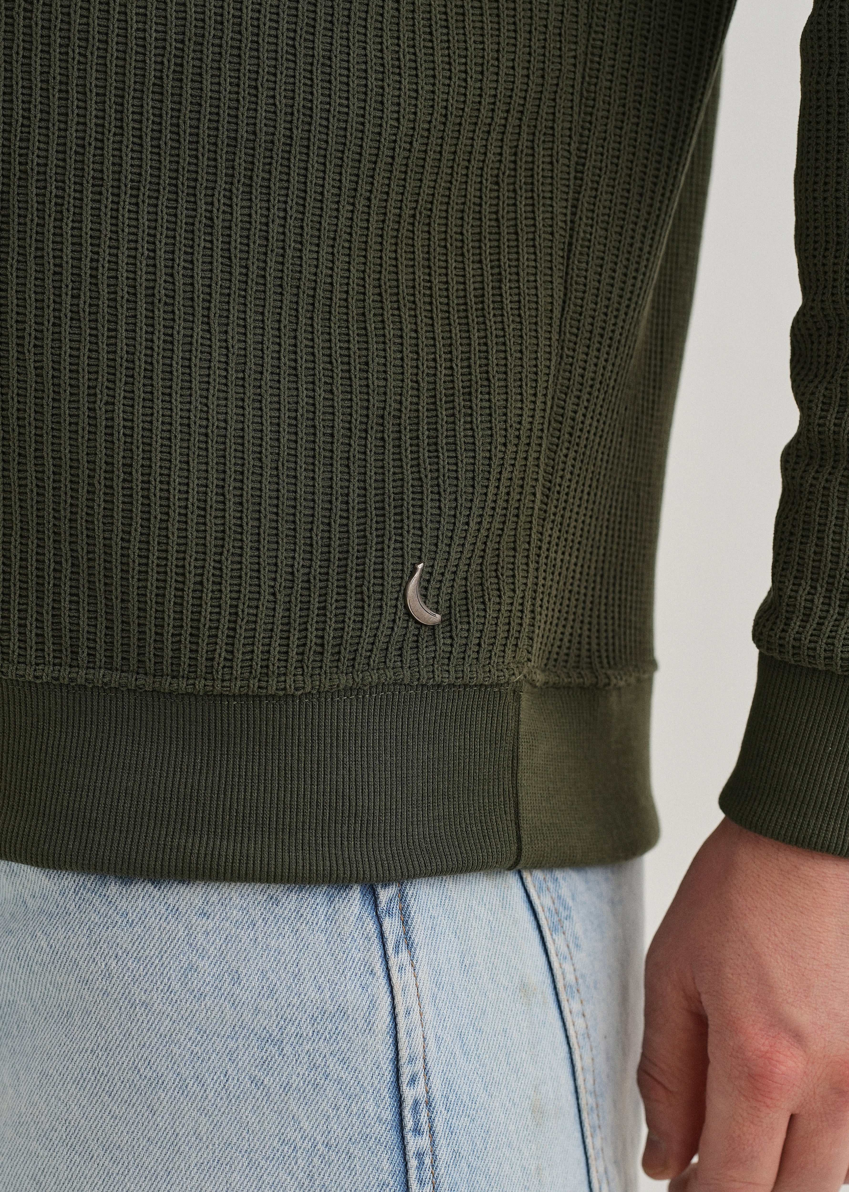 Olive Green Waffle Knit Polo Sweatshirt - Image 3