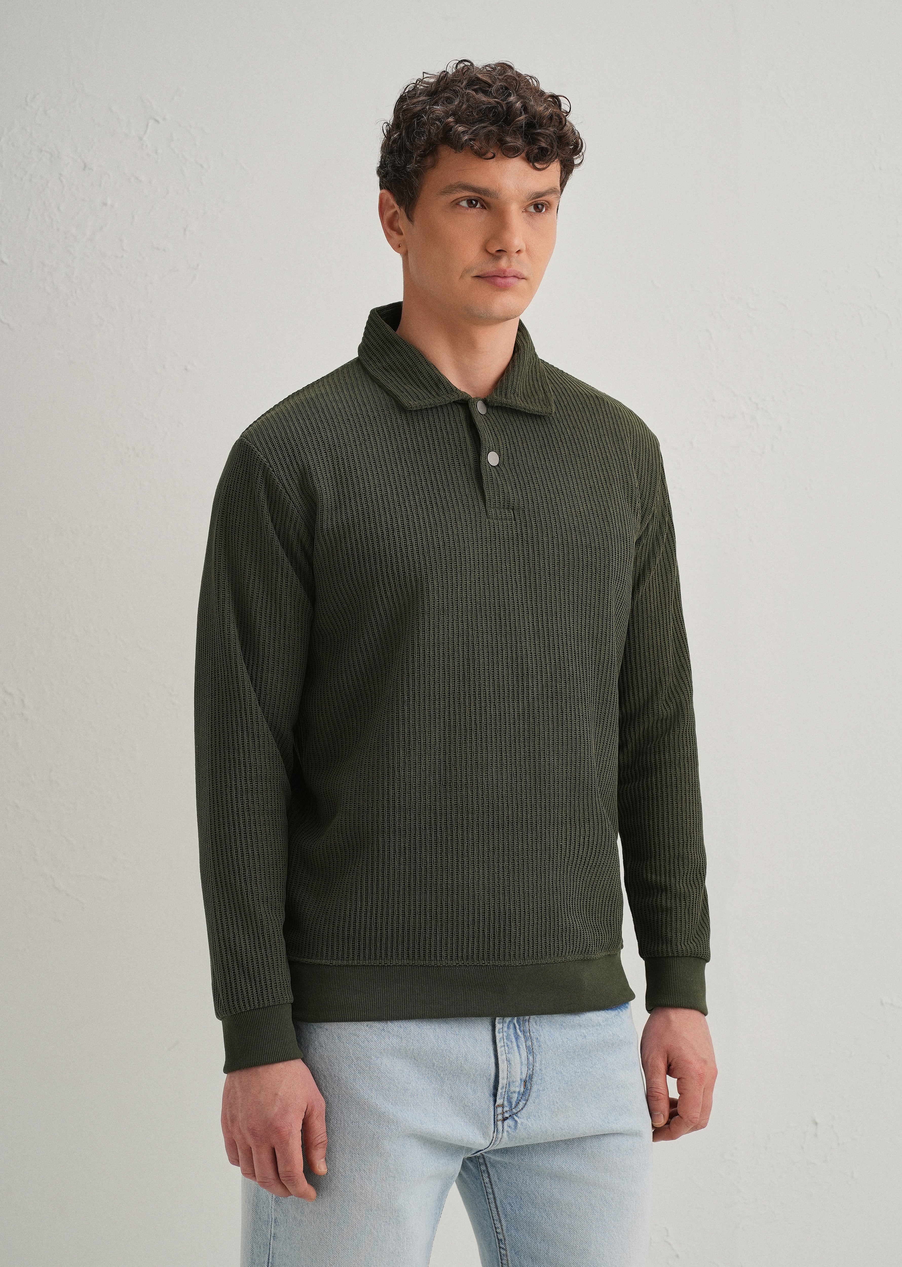 Olive Green Waffle Knit Polo Sweatshirt - Image 6