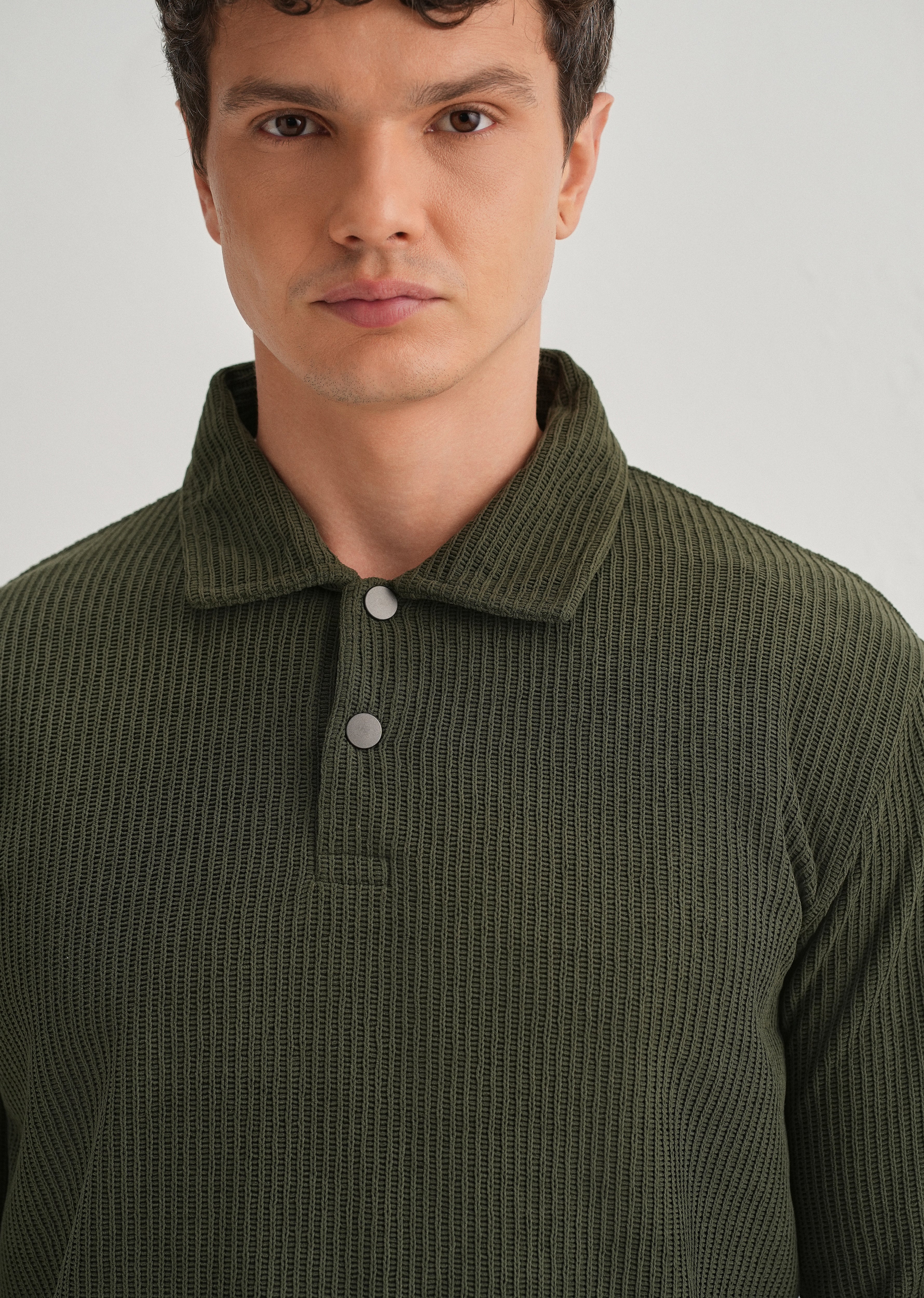 Olive Green Waffle Knit Polo Sweatshirt - Image 7