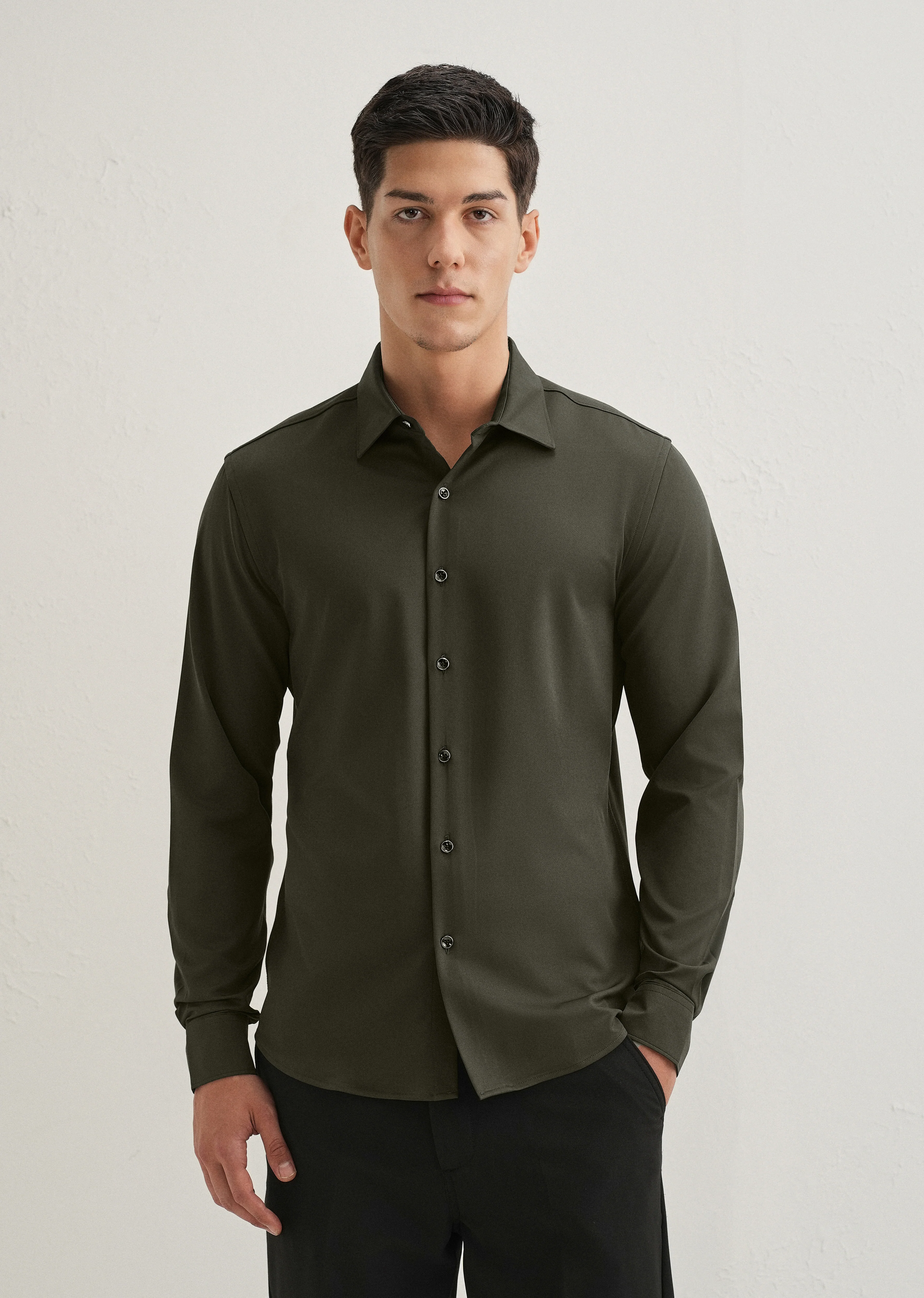 Olive Green Wrinkle Free Plain Shirt - Image 3