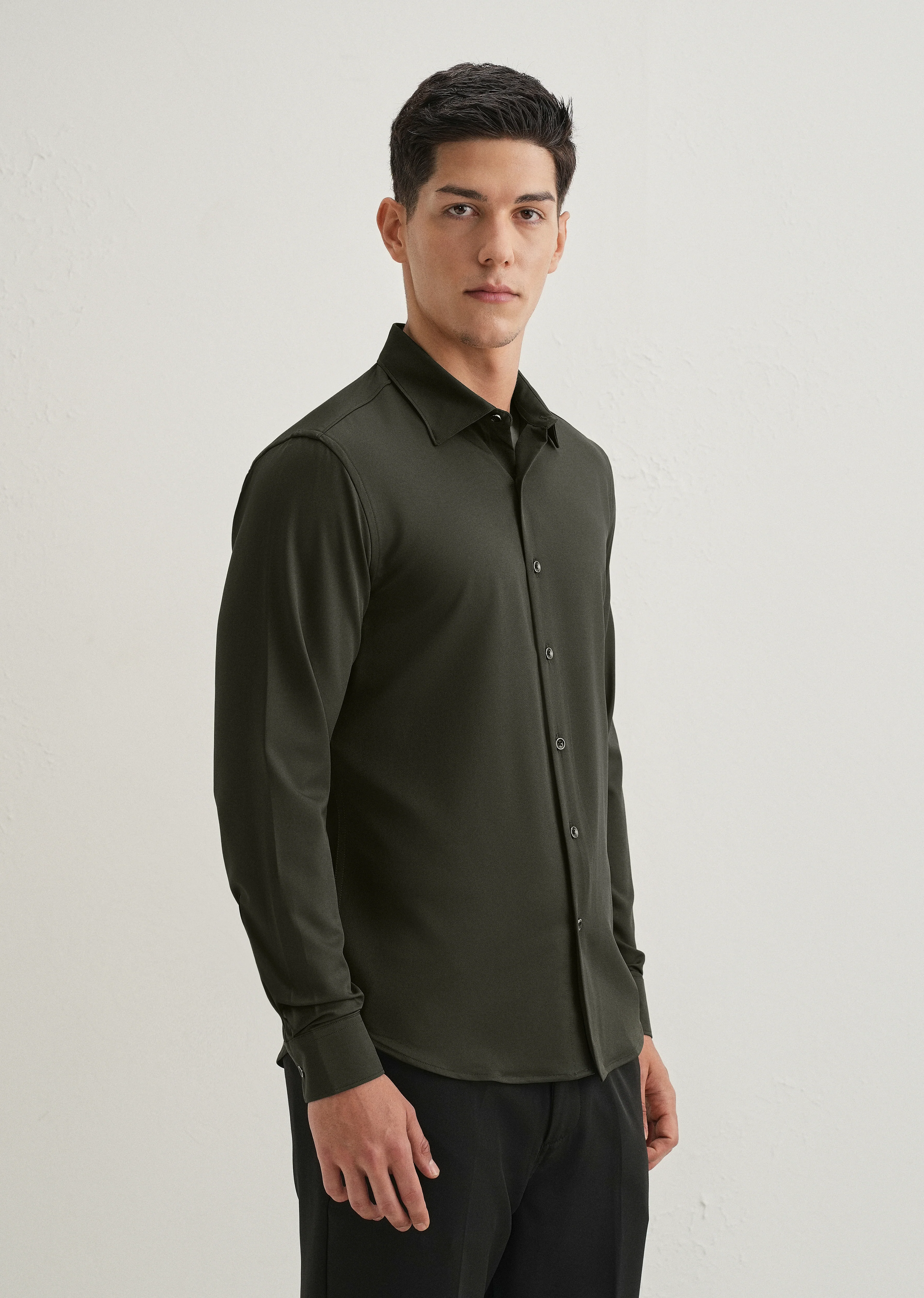 Olive Green Wrinkle Free Plain Shirt - Image 4