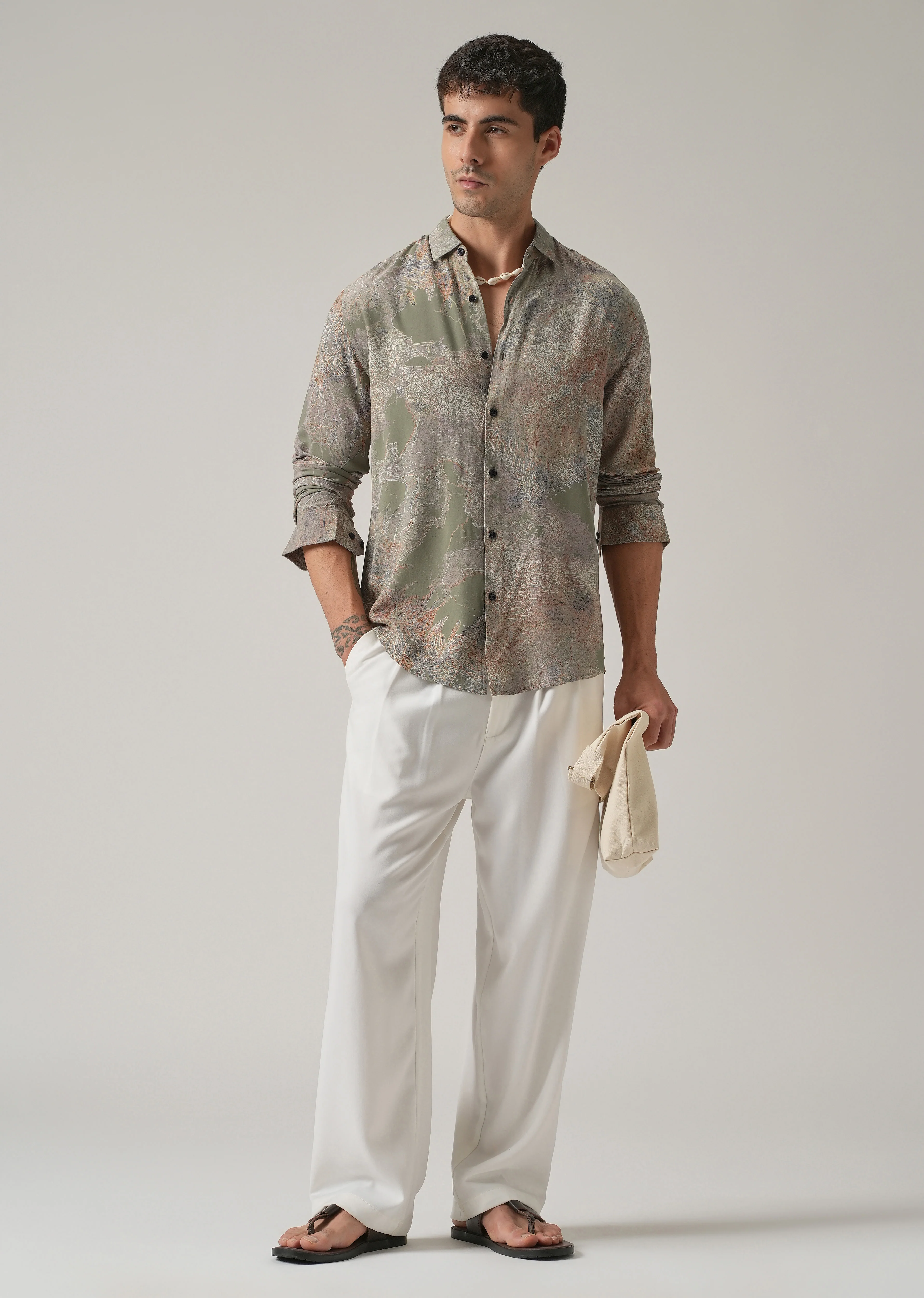 Olive Intricate Print Feather Shirt - Image 6