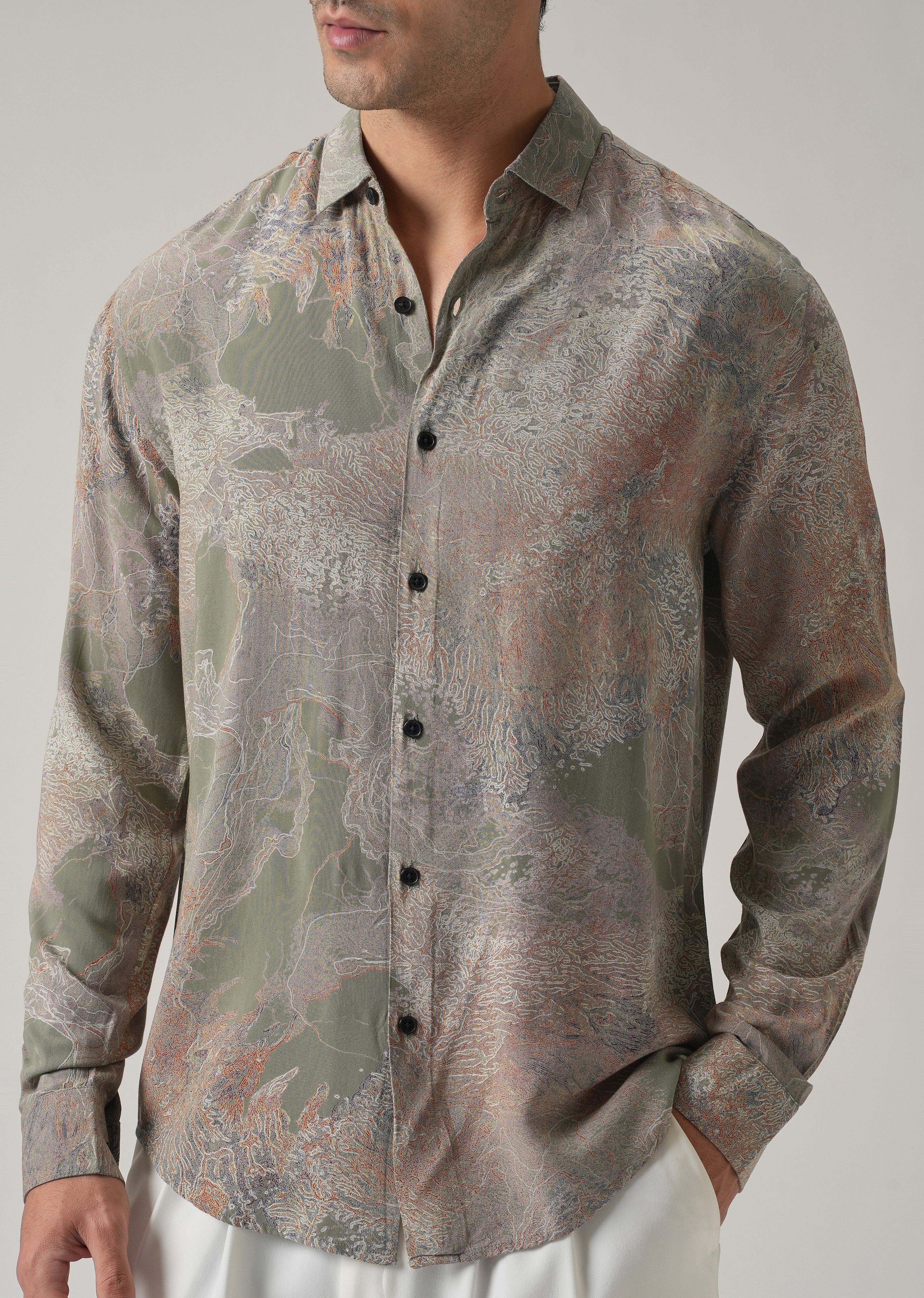 Olive Intricate Print Feather Shirt - Image 7