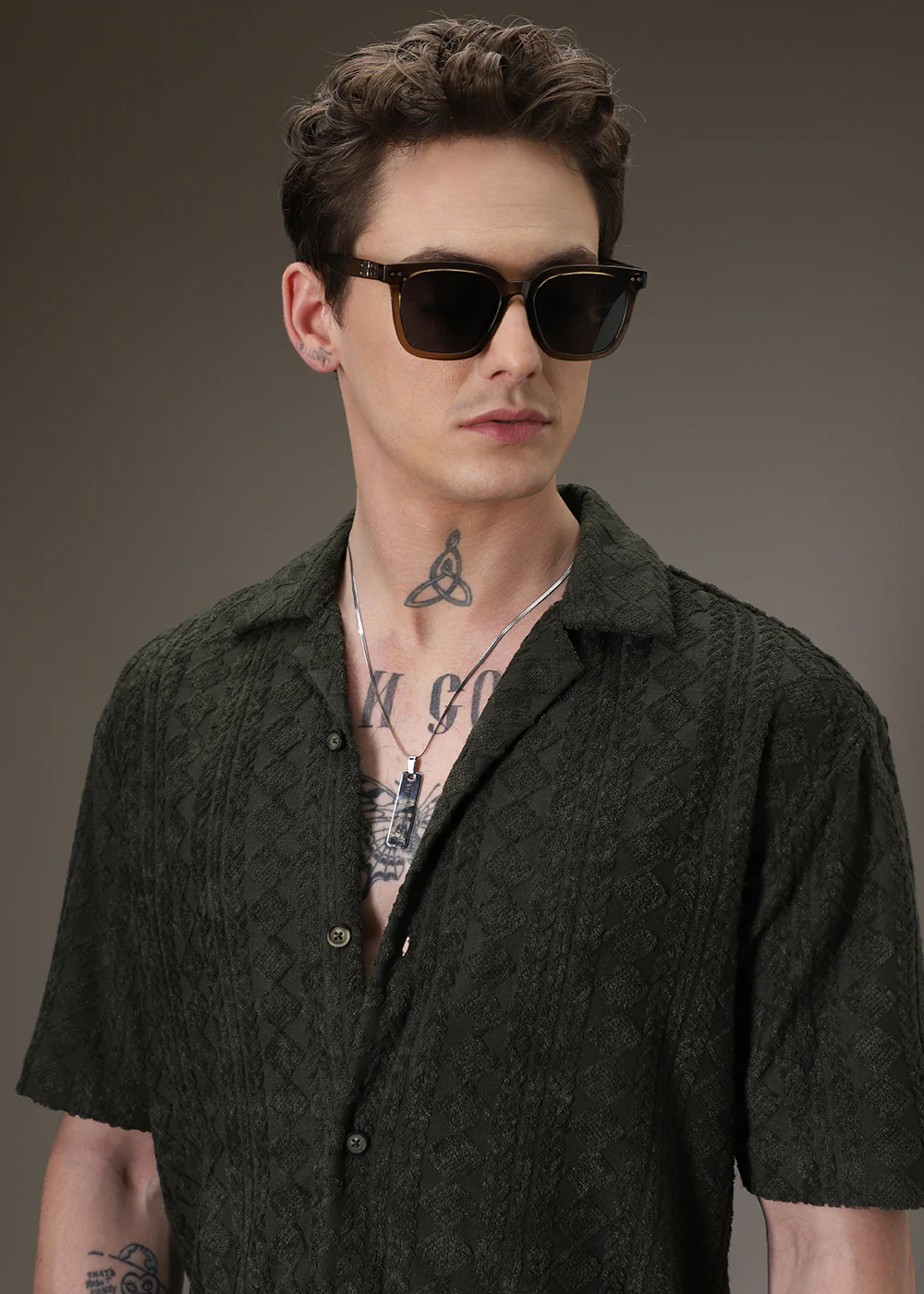 Olive Jacquard Knitted Shirt - Image 2