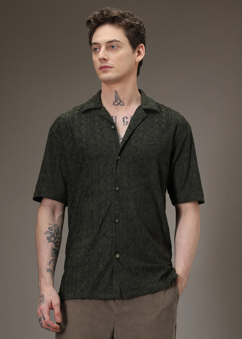 Olive Jacquard Knitted Shirt - Image 3