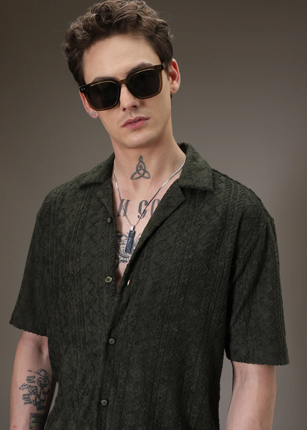 Olive Jacquard Knitted Shirt - Image 7
