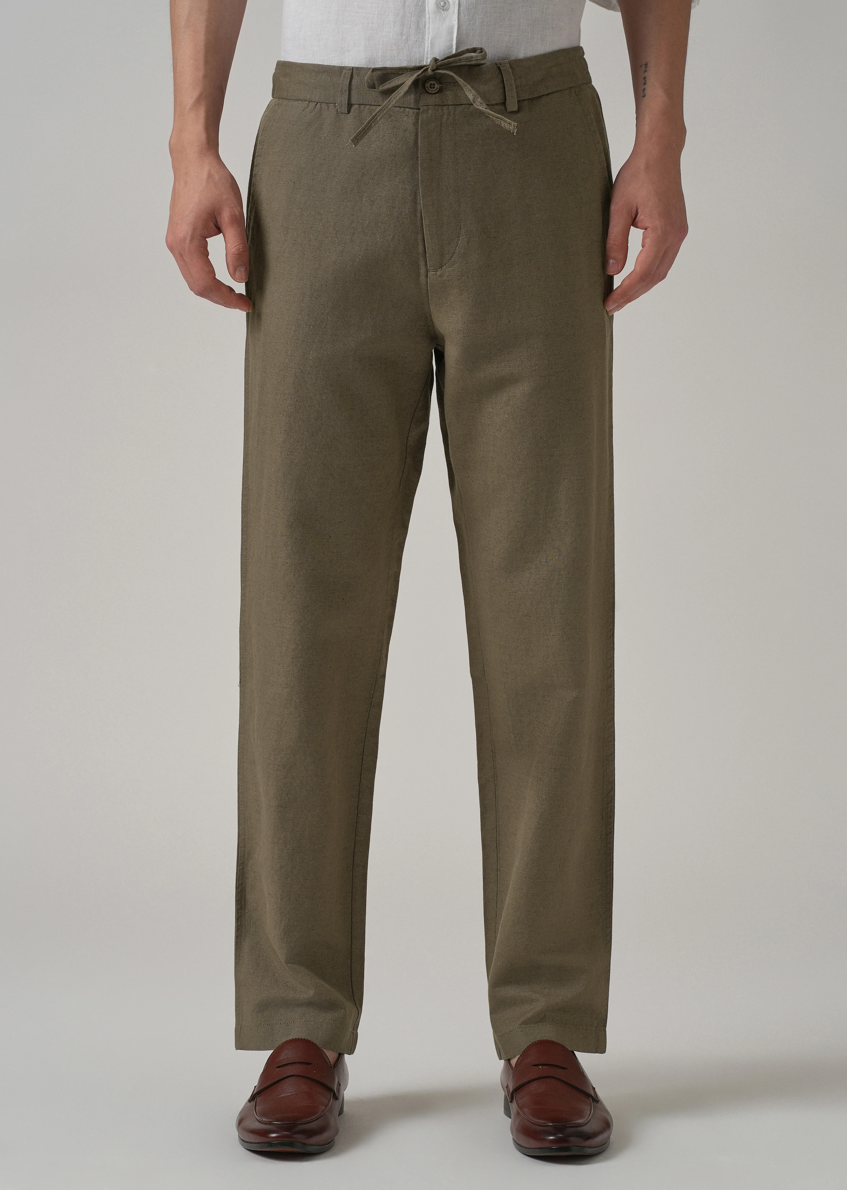Olive Linen Relaxed Fit Trouser - Image 3