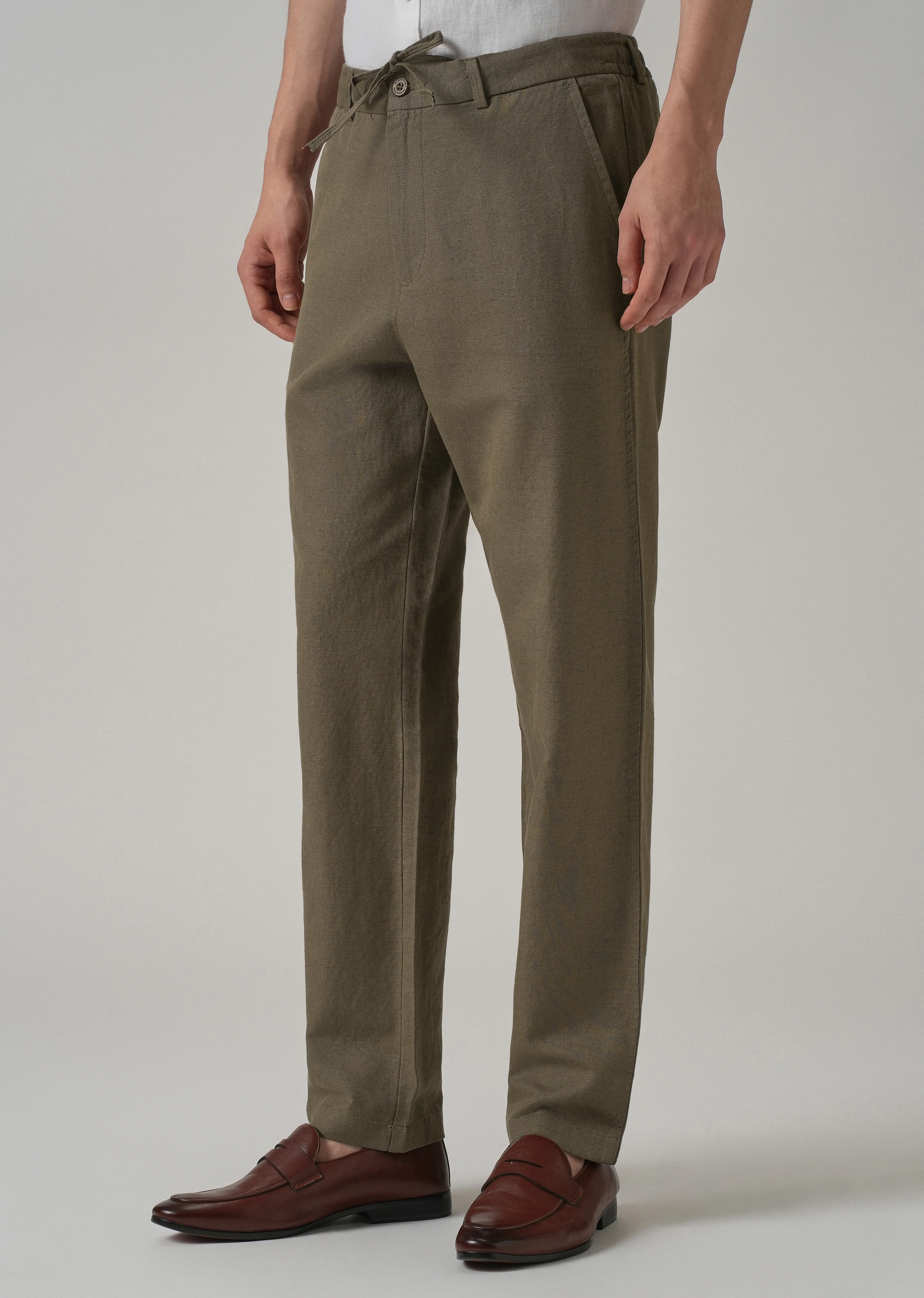 Olive Linen Relaxed Fit Trouser - Image 4