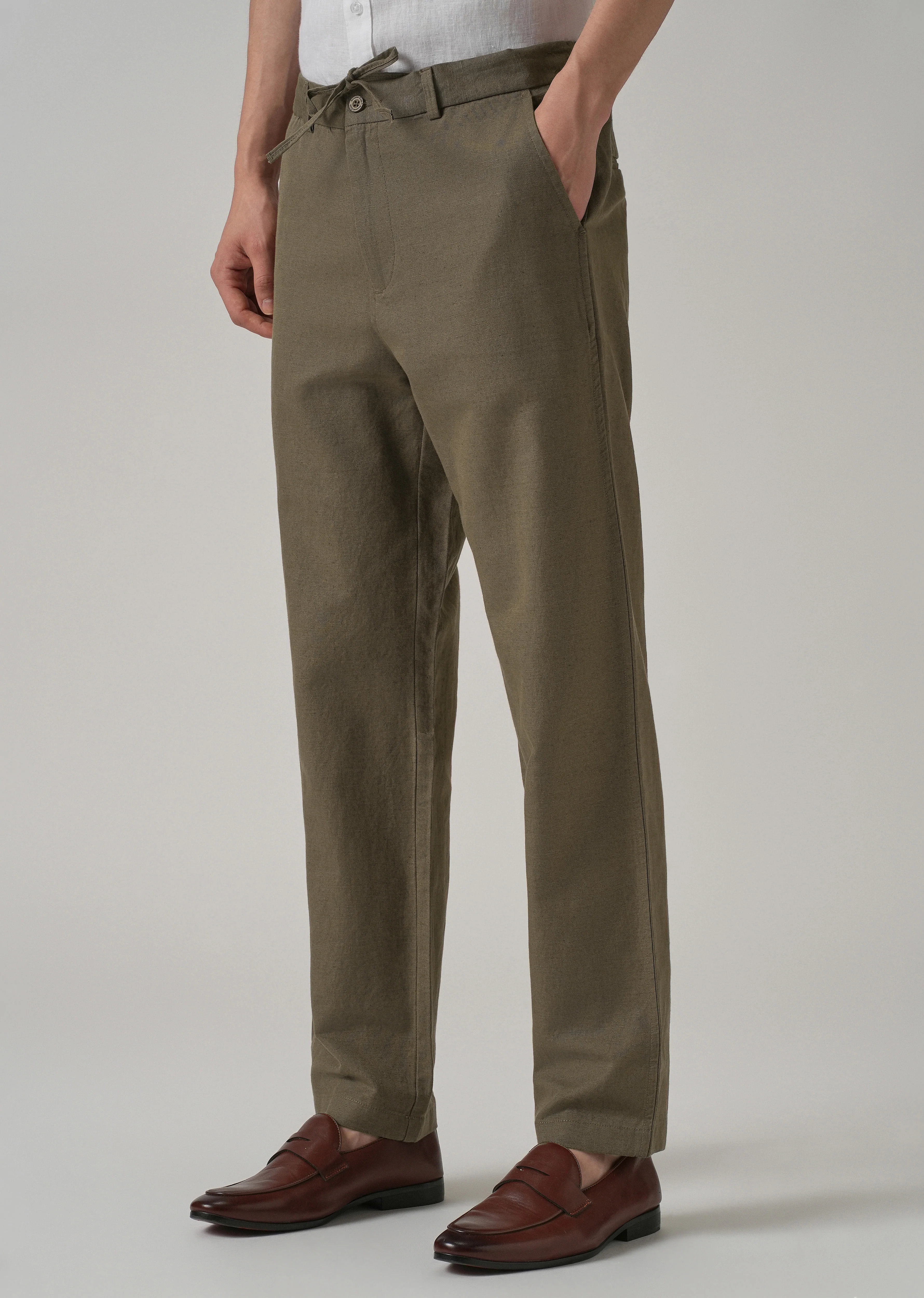 Olive Linen Relaxed Fit Trouser - Image 7