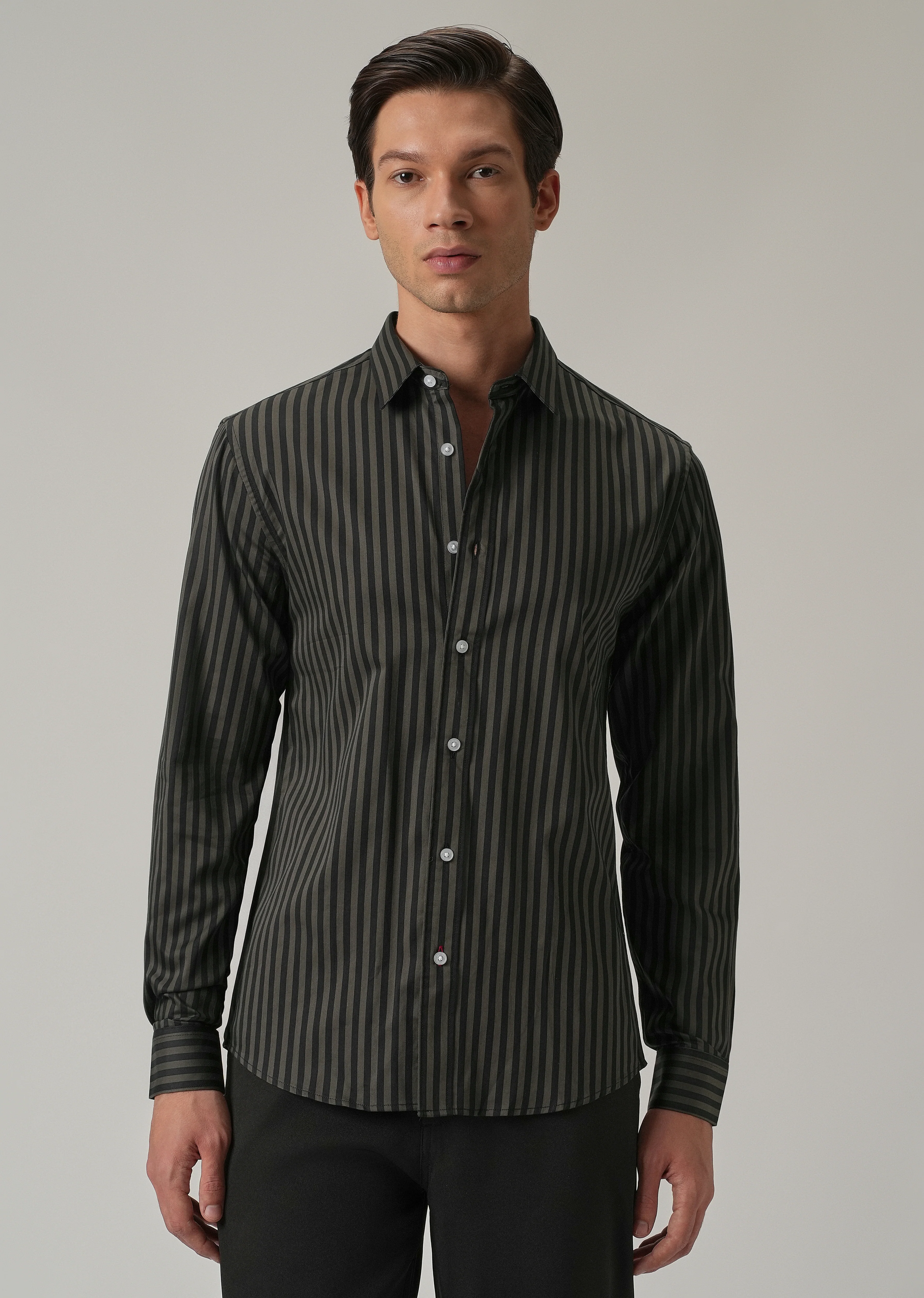 Olive Satin Pin Stripe Shirt - Image 3