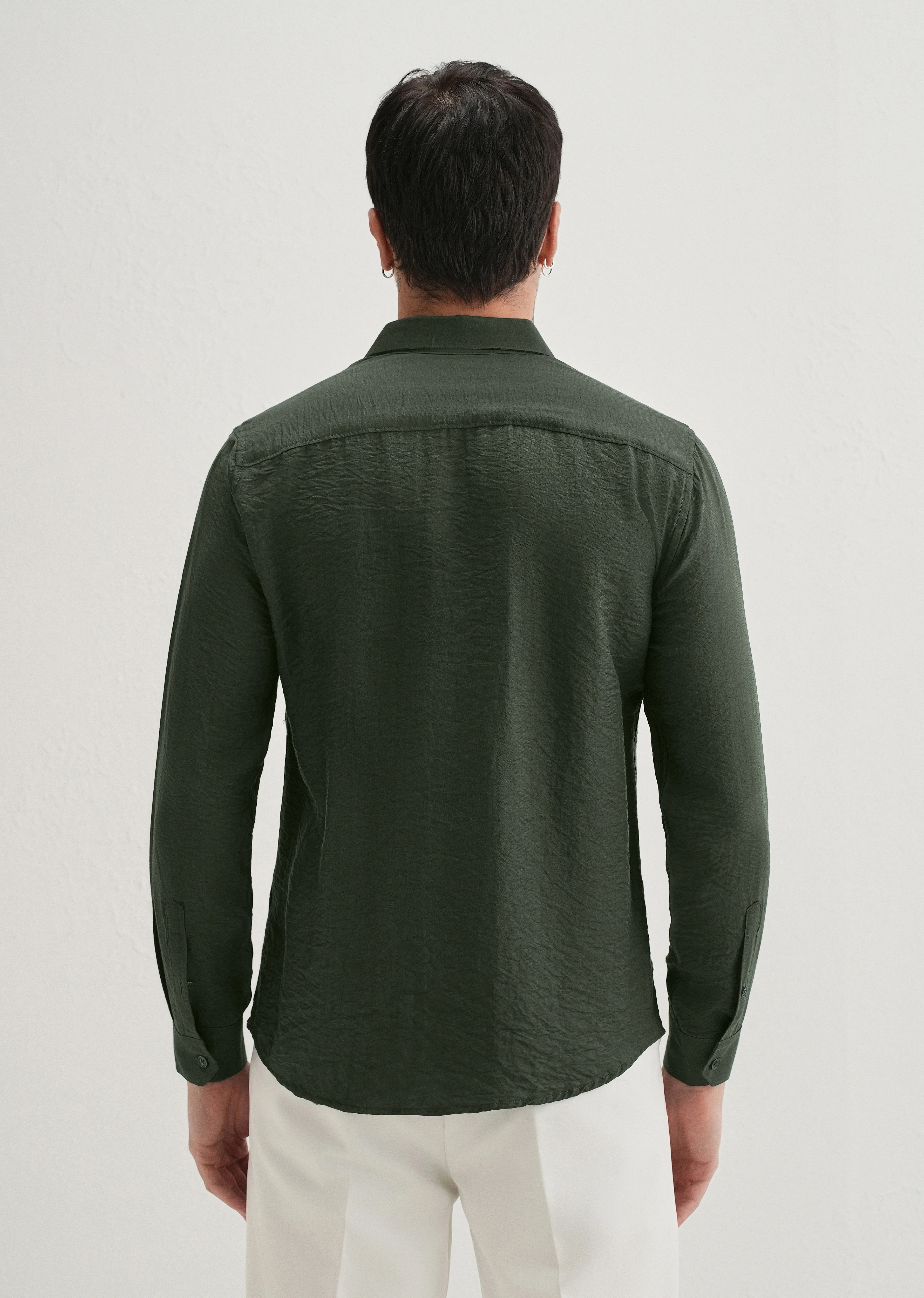 Olive Plain Crushed Satin Shirt - Image 3