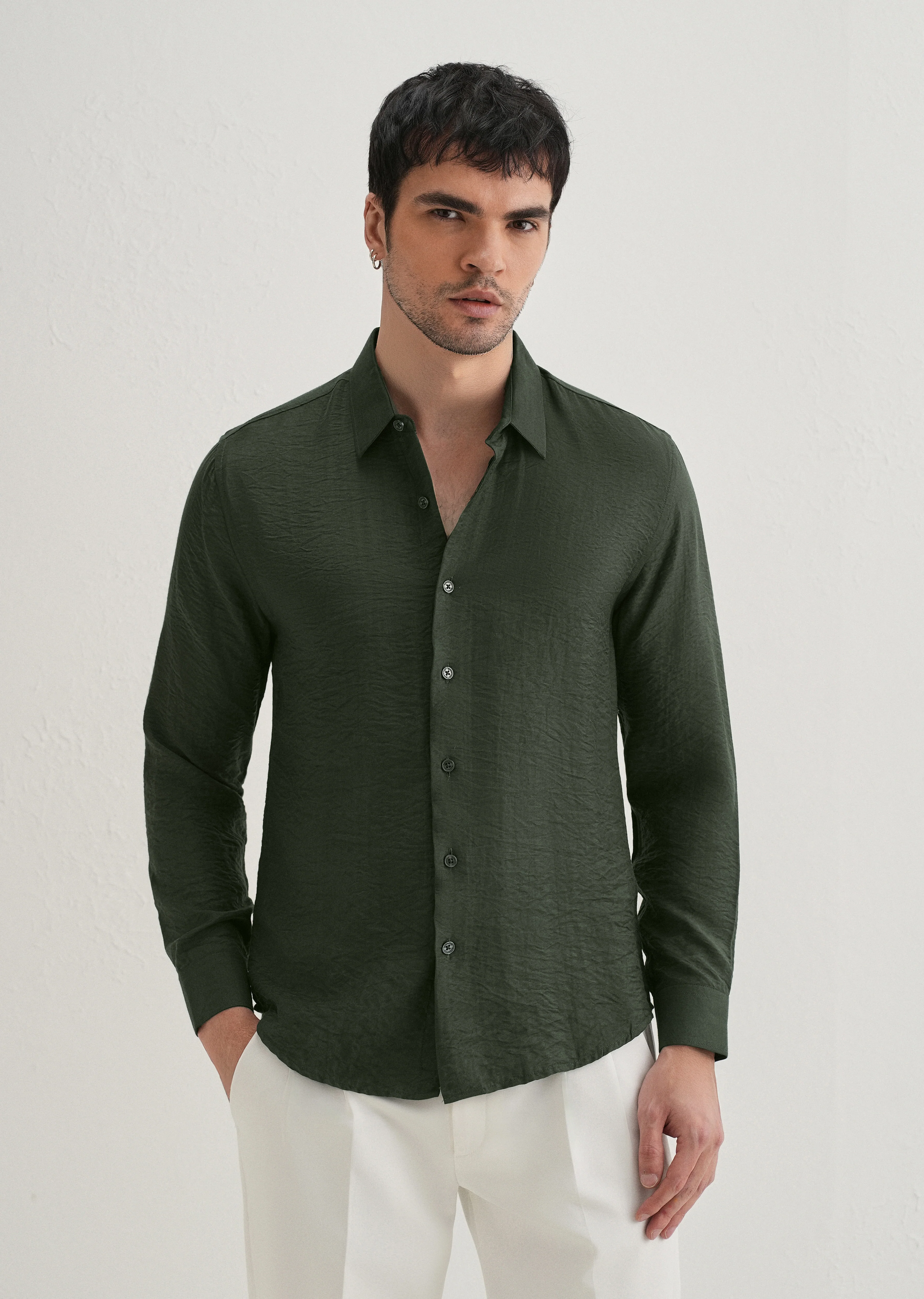 Olive Plain Crushed Satin Shirt - Image 4